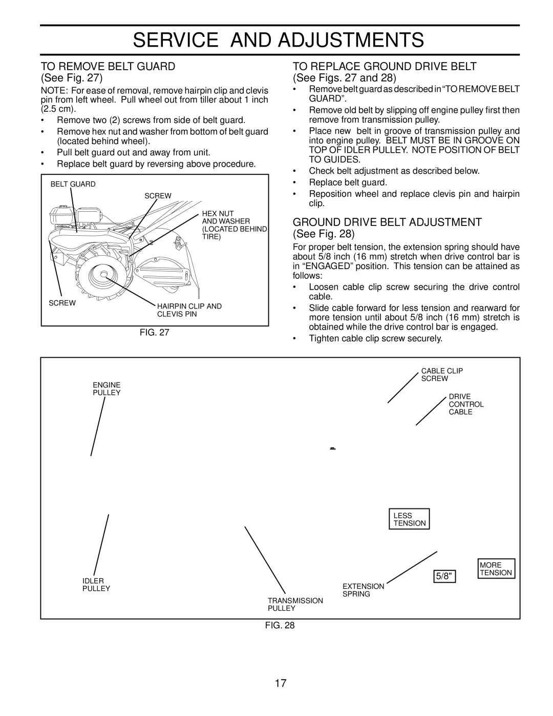 Poulan 190388 To Remove Belt Guard See Fig, To Replace Ground Drive Belt See Figs, Ground Drive Belt Adjustment See Fig 