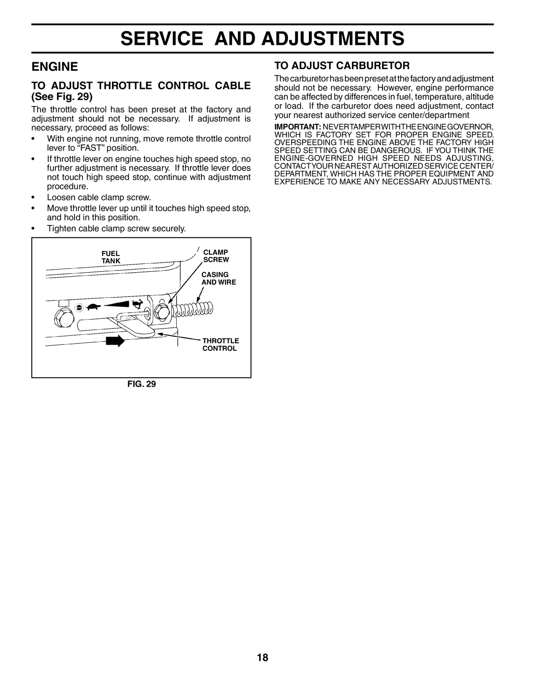 Poulan 190388 owner manual To Adjust Throttle Control Cable See Fig, To Adjust Carburetor 