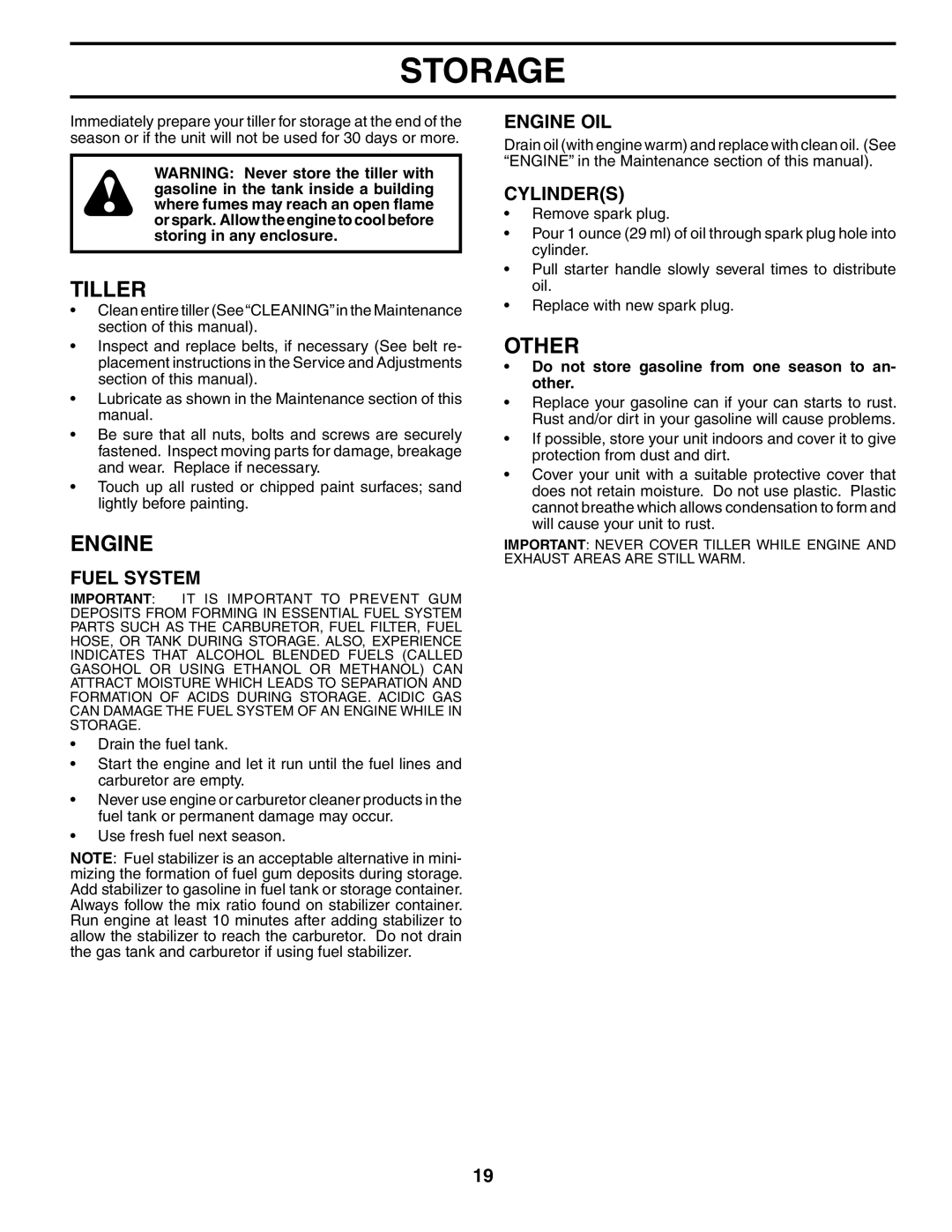 Poulan 190388 owner manual Storage, Other, Fuel System, Engine OIL, Cylinders 