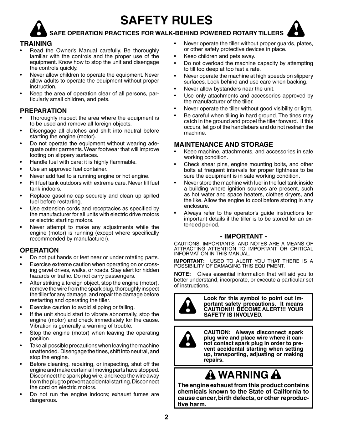 Poulan 190388 owner manual Safety Rules, Training, Preparation, Operation, Maintenance and Storage 