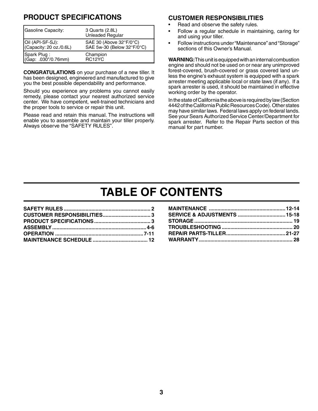 Poulan 190388 owner manual Table of Contents 