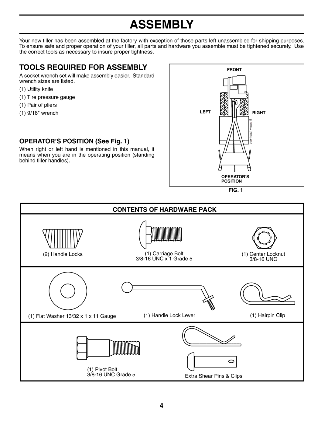 Poulan 190388 owner manual Tools Required for Assembly, OPERATOR’S Position See Fig 