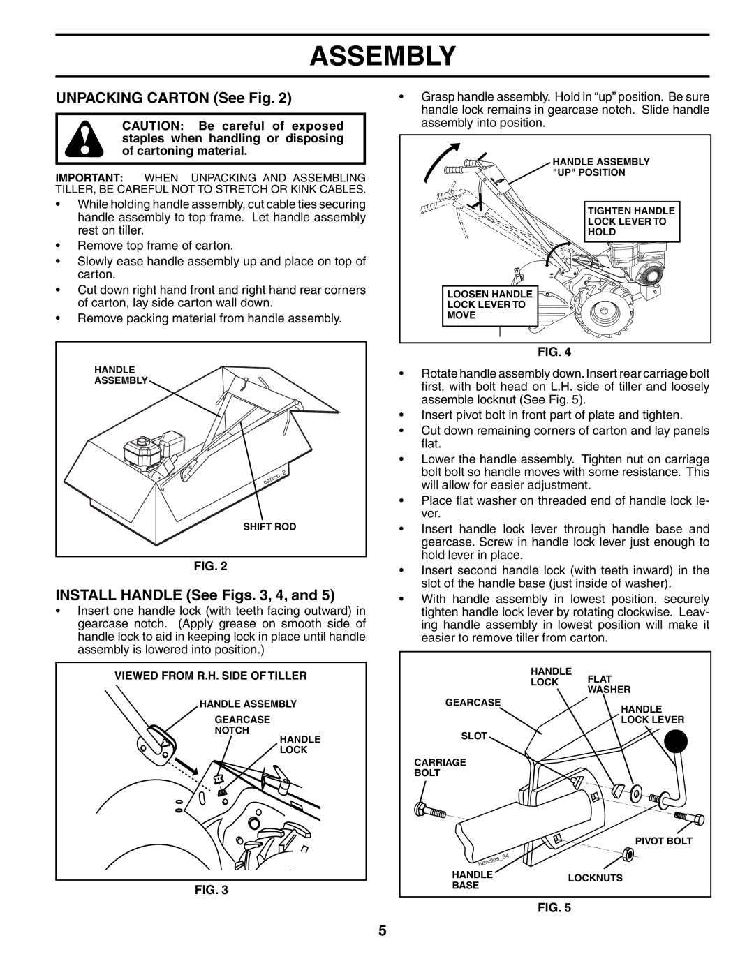 Poulan 190388 owner manual Unpacking Carton See Fig, Install Handle See Figs , 4 