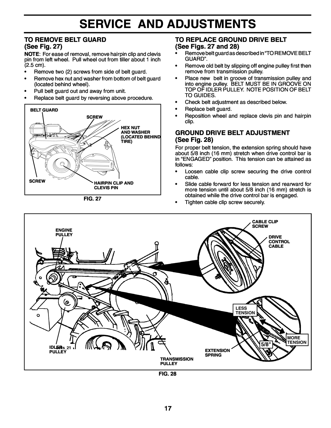 Poulan 190388 TO REMOVE BELT GUARD See Fig, TO REPLACE GROUND DRIVE BELT See Figs. 27 and, Service And Adjustments 