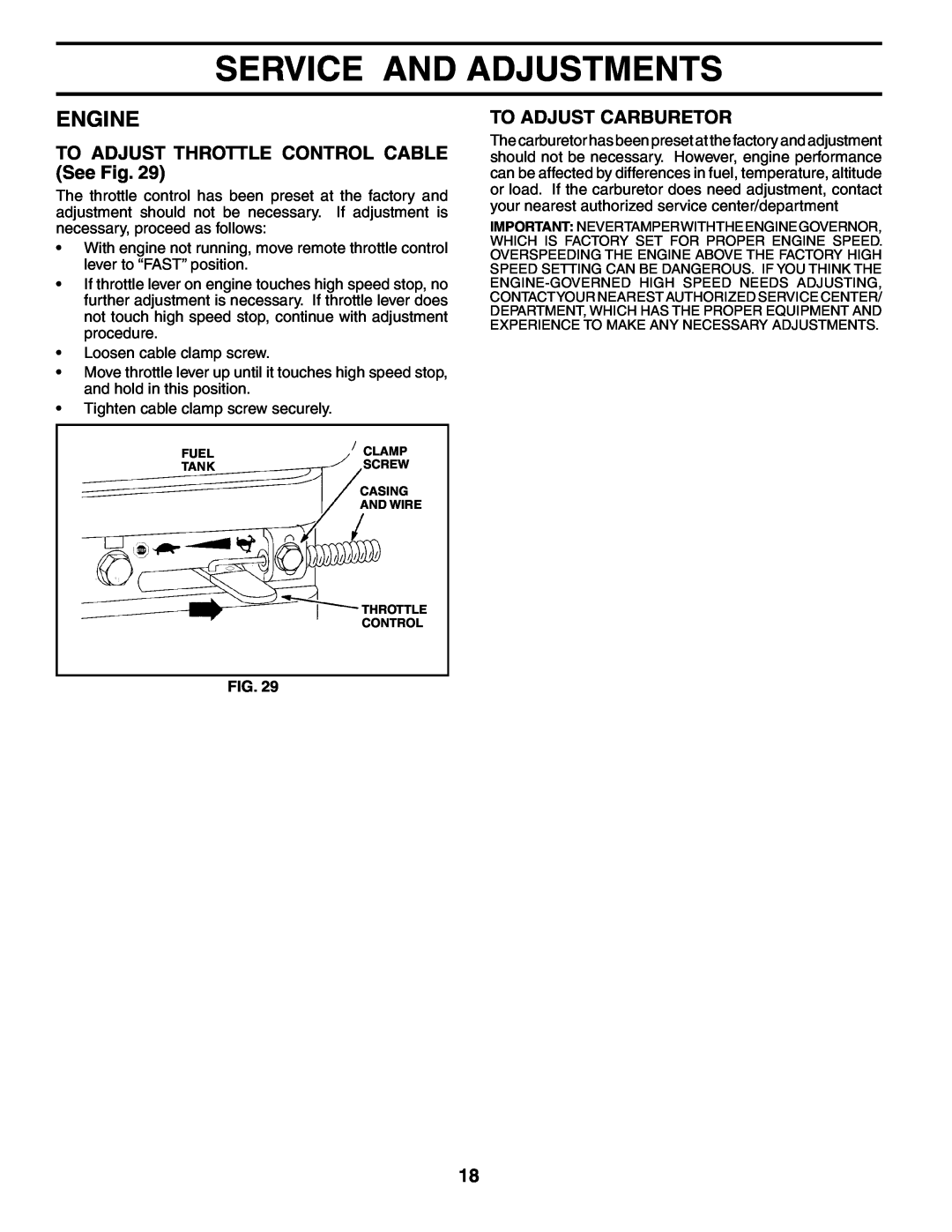 Poulan 190388 owner manual TO ADJUST THROTTLE CONTROL CABLE See Fig, To Adjust Carburetor, Service And Adjustments, Engine 