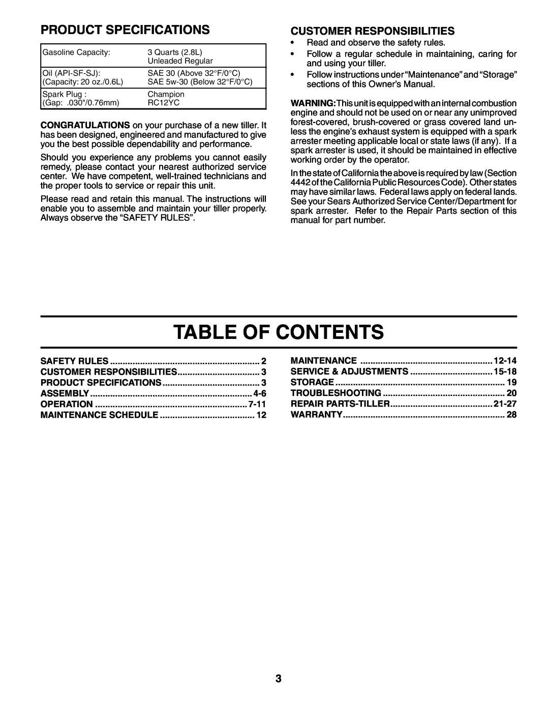 Poulan 190388 owner manual Table Of Contents, Product Specifications, Customer Responsibilities 