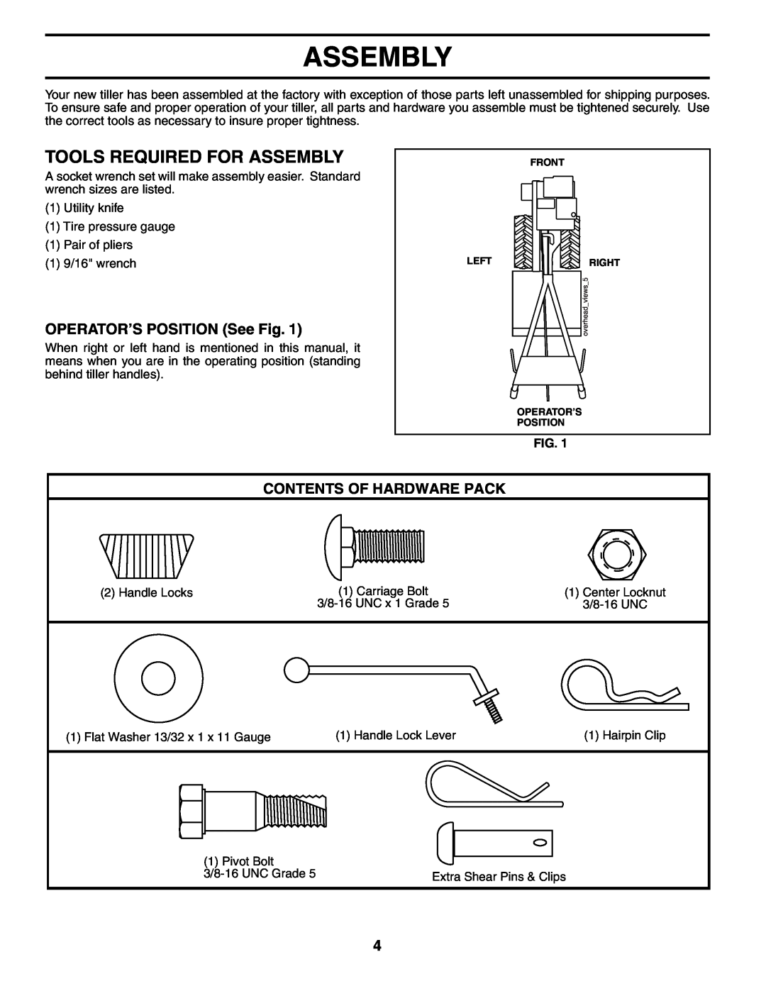 Poulan 190388 owner manual Tools Required For Assembly, OPERATOR’S POSITION See Fig, Contents Of Hardware Pack 