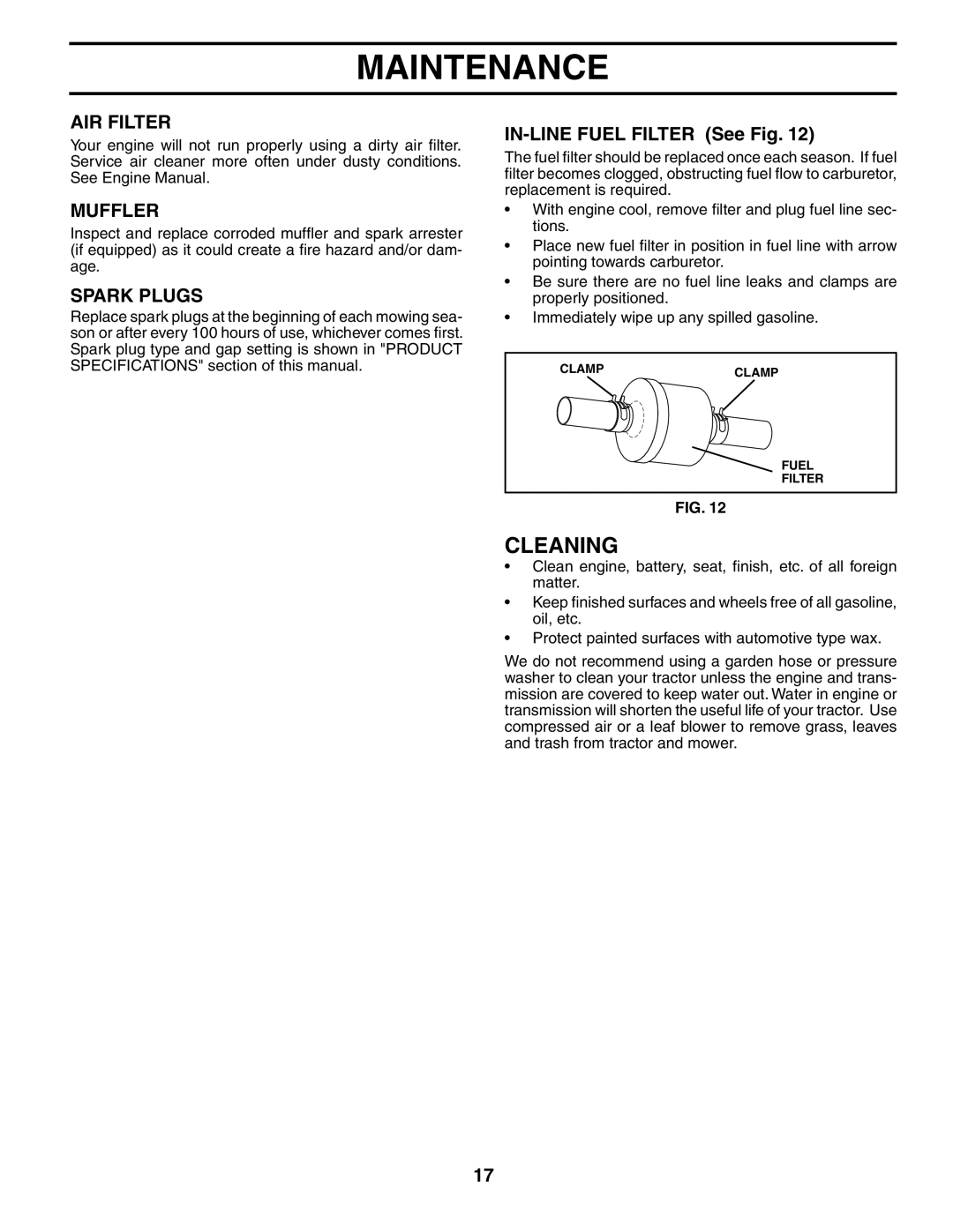 Poulan 190781 manual Cleaning, AIR Filter, Muffler, Spark Plugs, IN-LINE Fuel Filter See Fig 