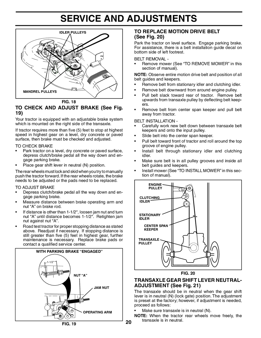 Poulan 190781 To Check and Adjust Brake See Fig, To Replace Motion Drive Belt See Fig, To Check Brake, To Adjust Brake 