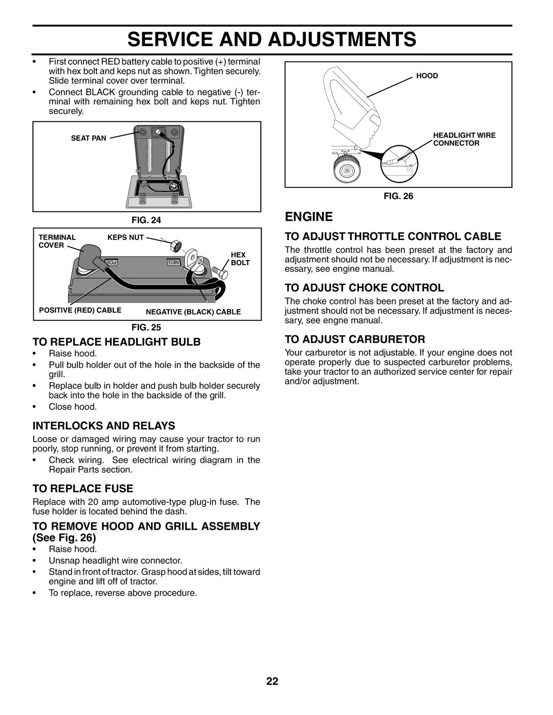 Poulan 190781 manual To Replace Headlight Bulb, Interlocks and Relays, To Replace Fuse, To Adjust Throttle Control Cable 