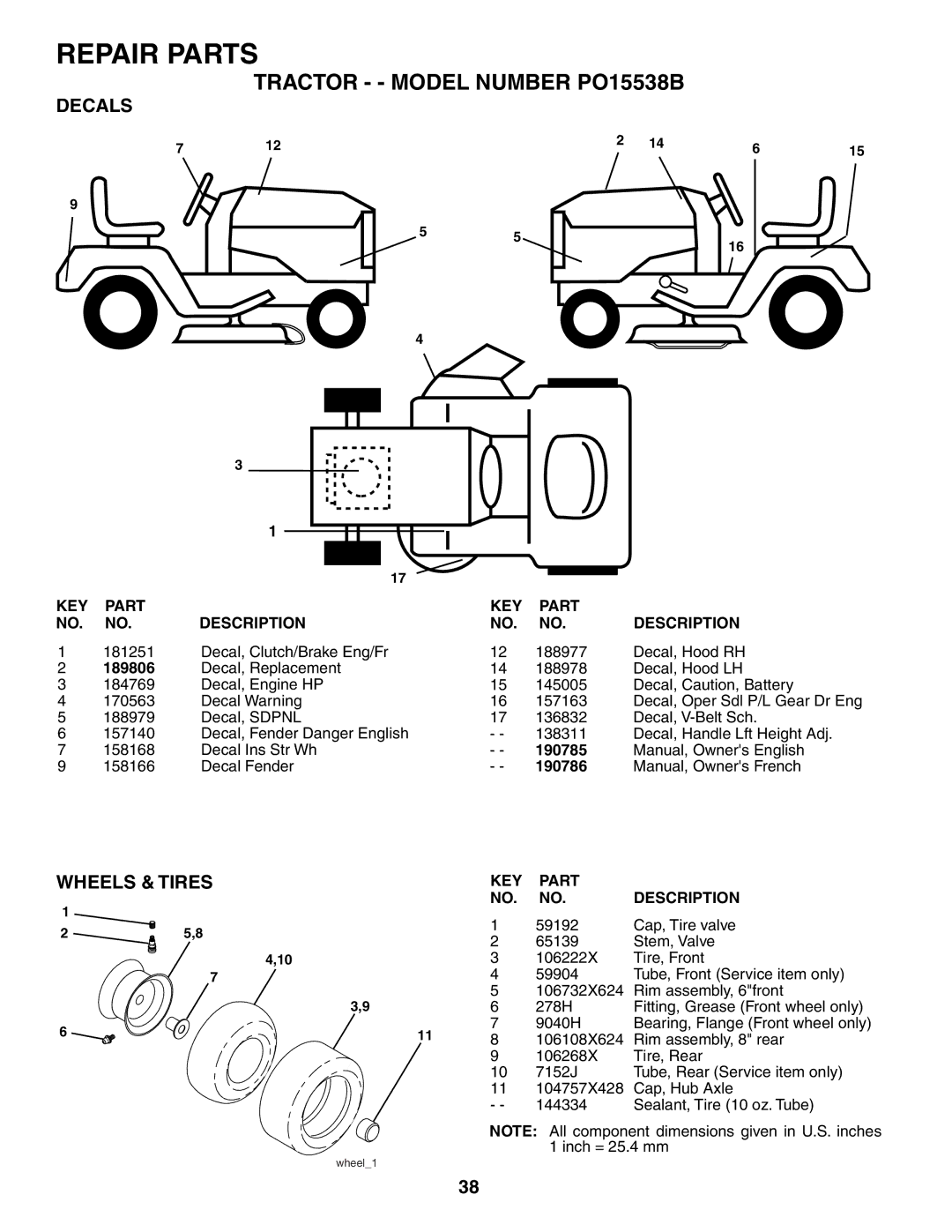 Poulan 190785 manual Decals, Wheels & Tires 