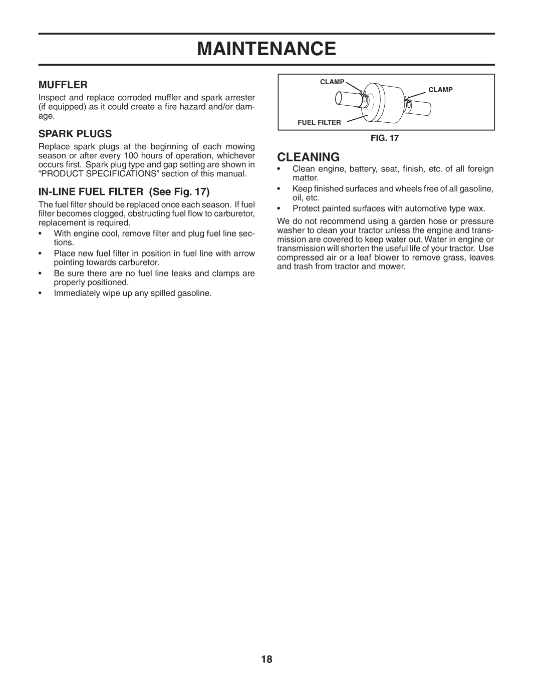 Poulan 190944 owner manual Cleaning, Muffler, Spark Plugs, IN-LINE Fuel Filter See Fig 