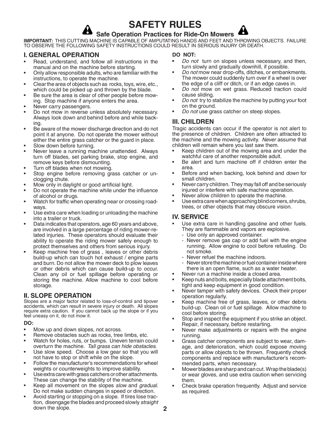 Poulan 190944 Safe Operation Practices for Ride-On Mowers, General Operation, II. Slope Operation, III. Children 