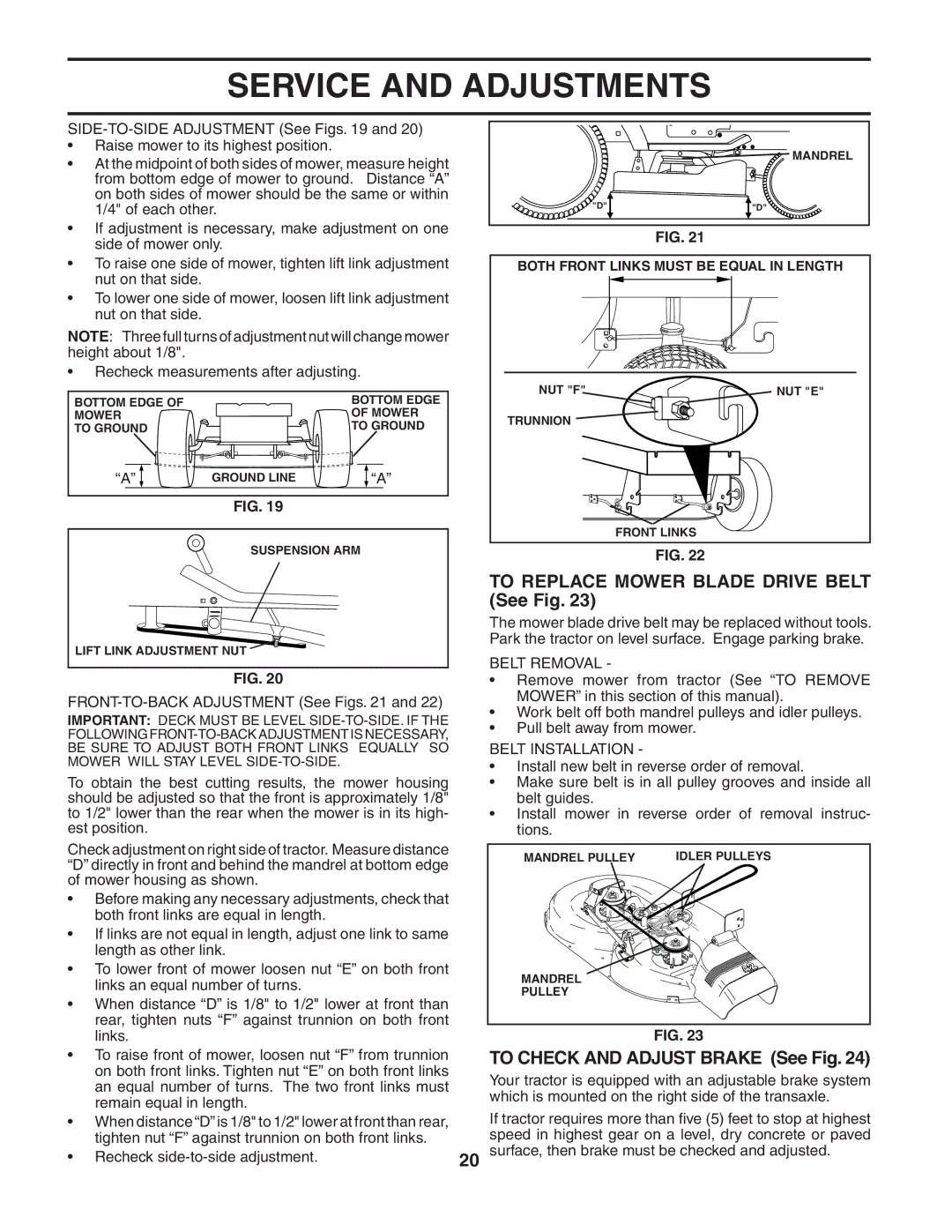 Poulan 190944 owner manual To Replace Mower Blade Drive Belt See Fig, To Check and Adjust Brake See Fig, Belt Removal 