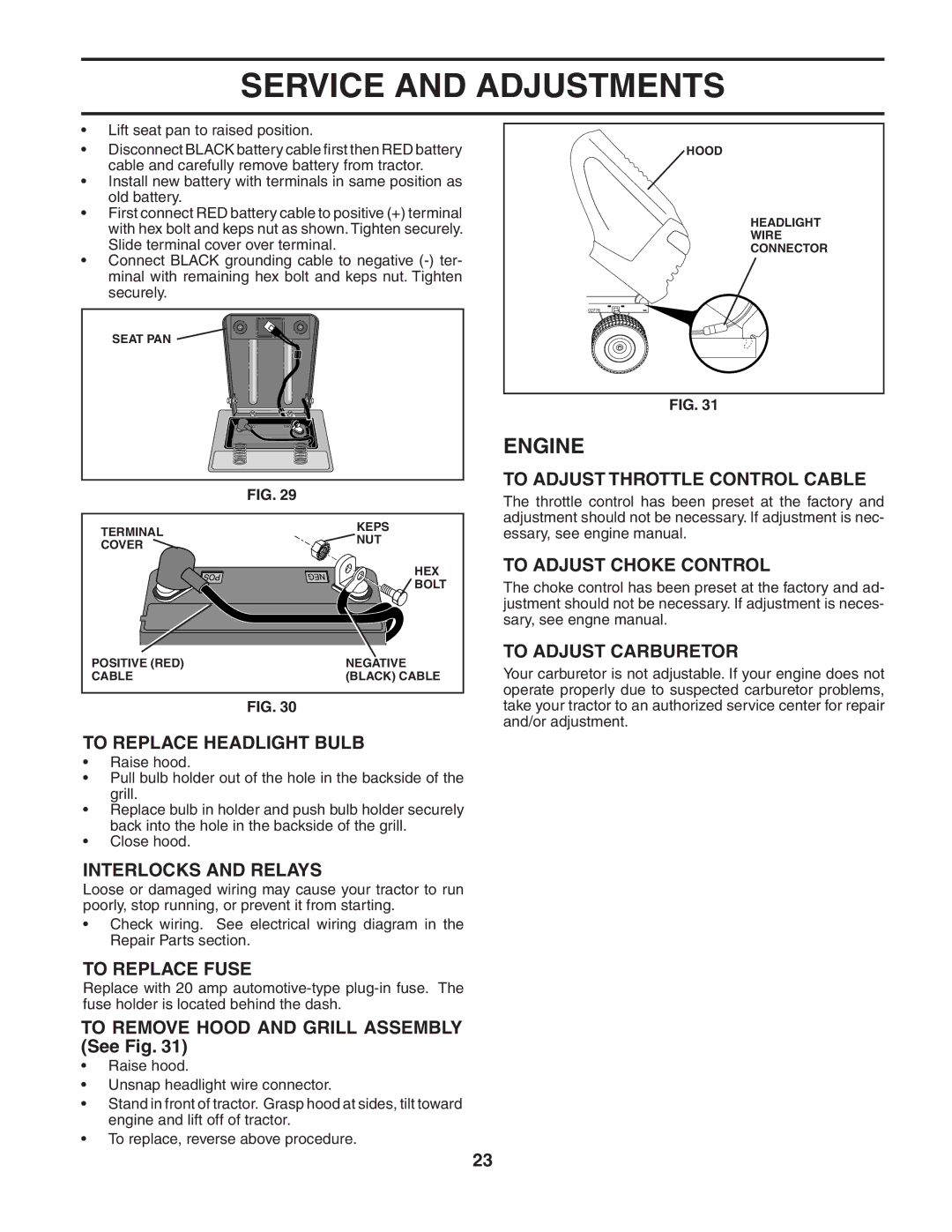 Poulan 190944 To Replace Headlight Bulb, Interlocks and Relays, To Replace Fuse, To Adjust Throttle Control Cable 