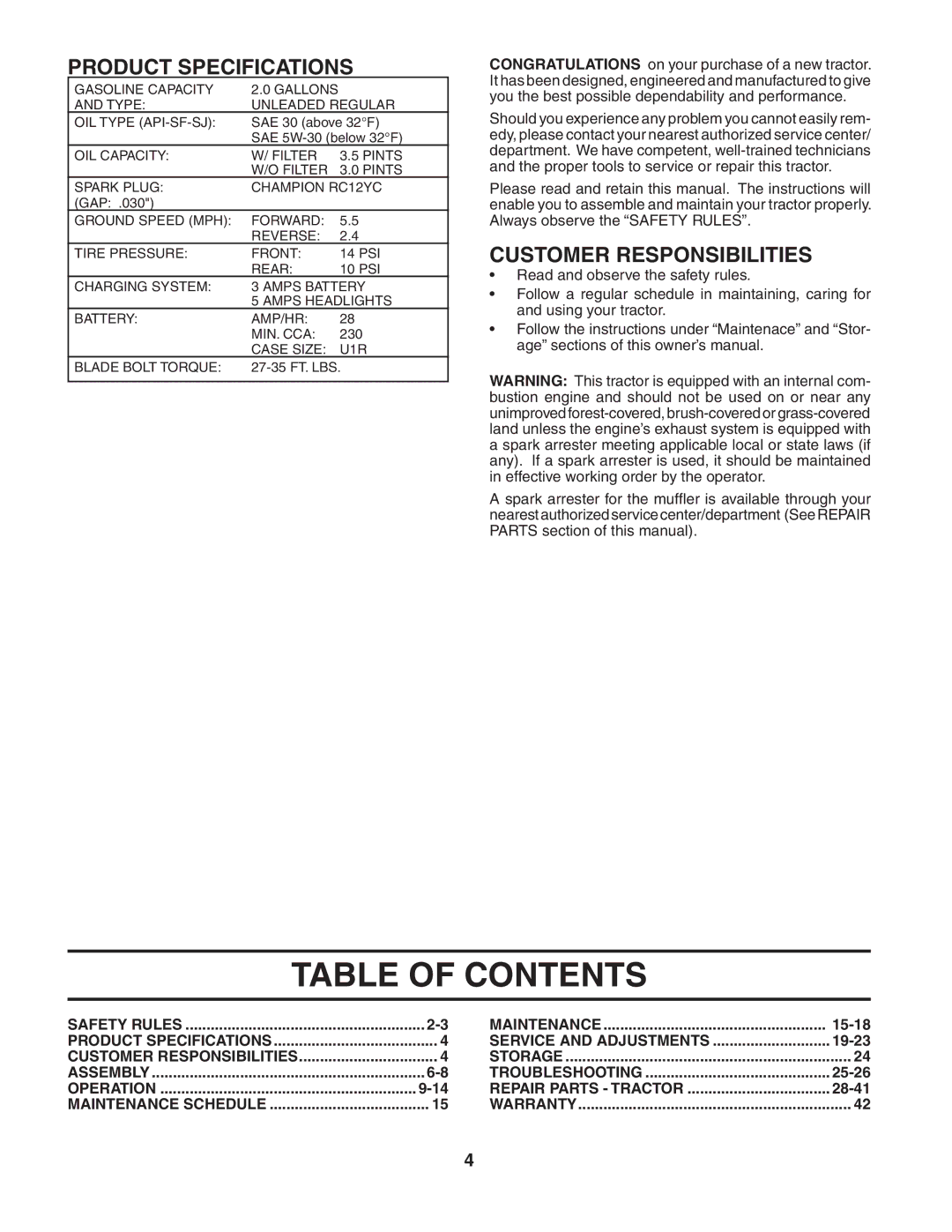 Poulan 190944 owner manual Table of Contents 