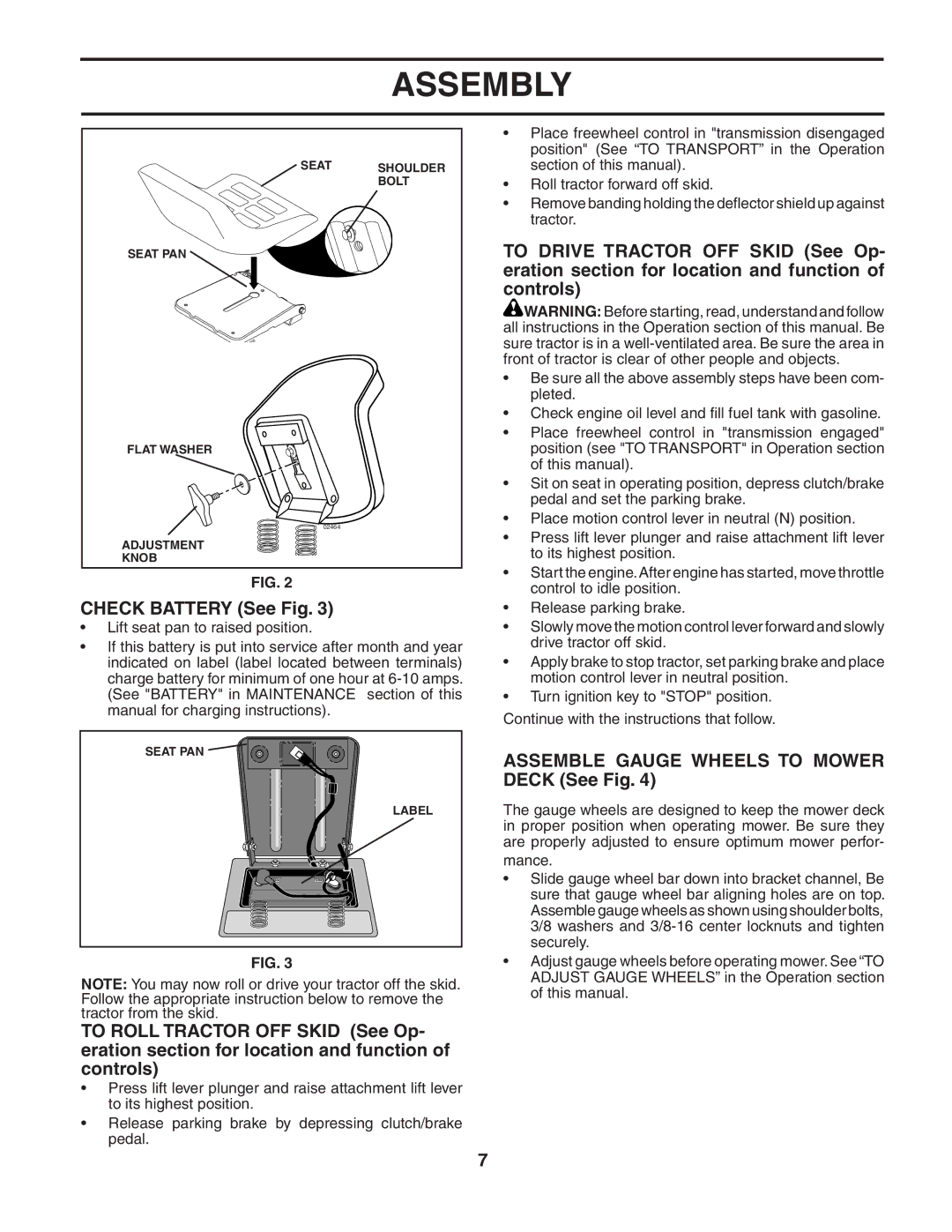 Poulan 190944 owner manual Check Battery See Fig, Assemble Gauge Wheels to Mower Deck See Fig 