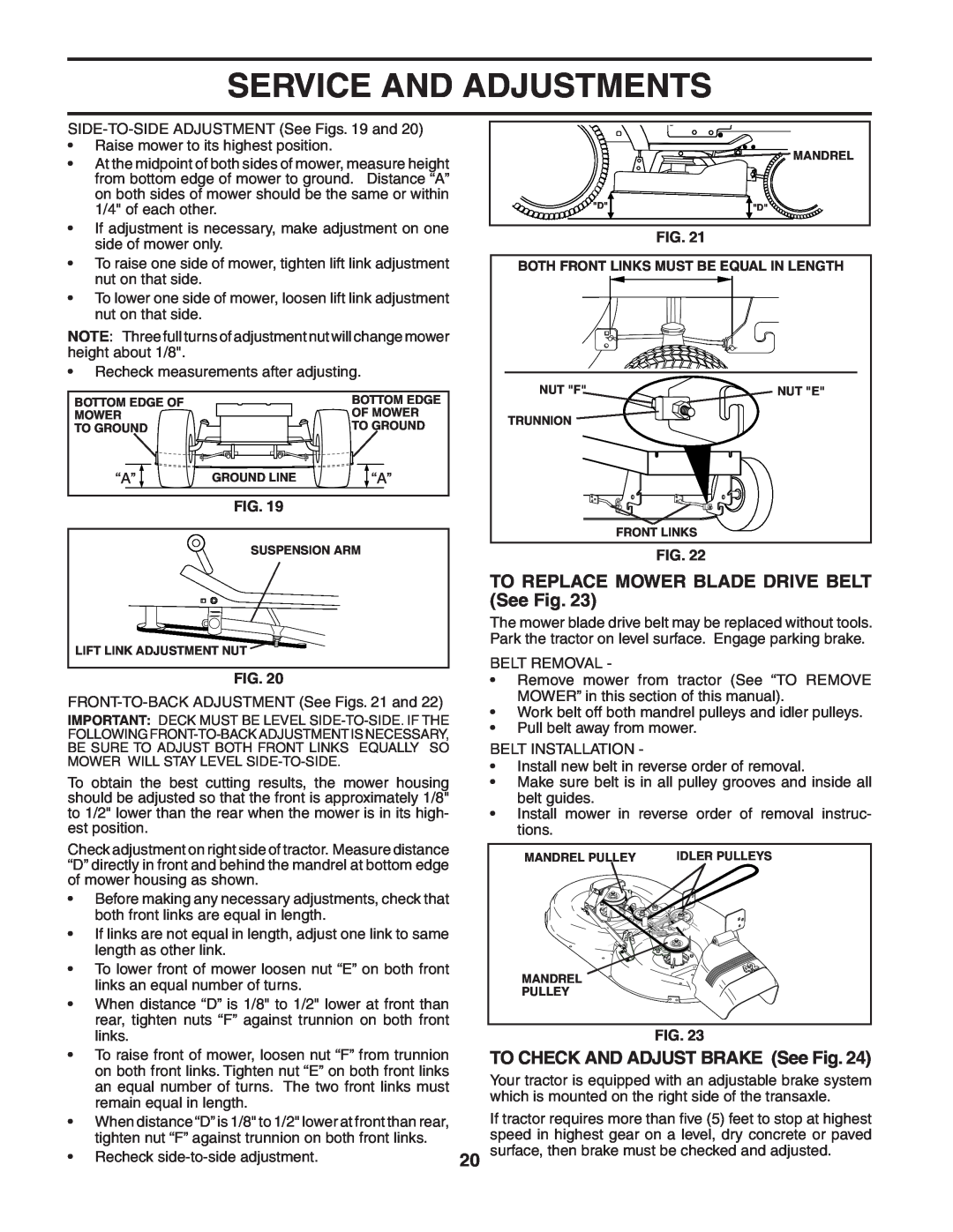 Poulan 190944 TO REPLACE MOWER BLADE DRIVE BELT See Fig, TO CHECK AND ADJUST BRAKE See Fig, Service And Adjustments 