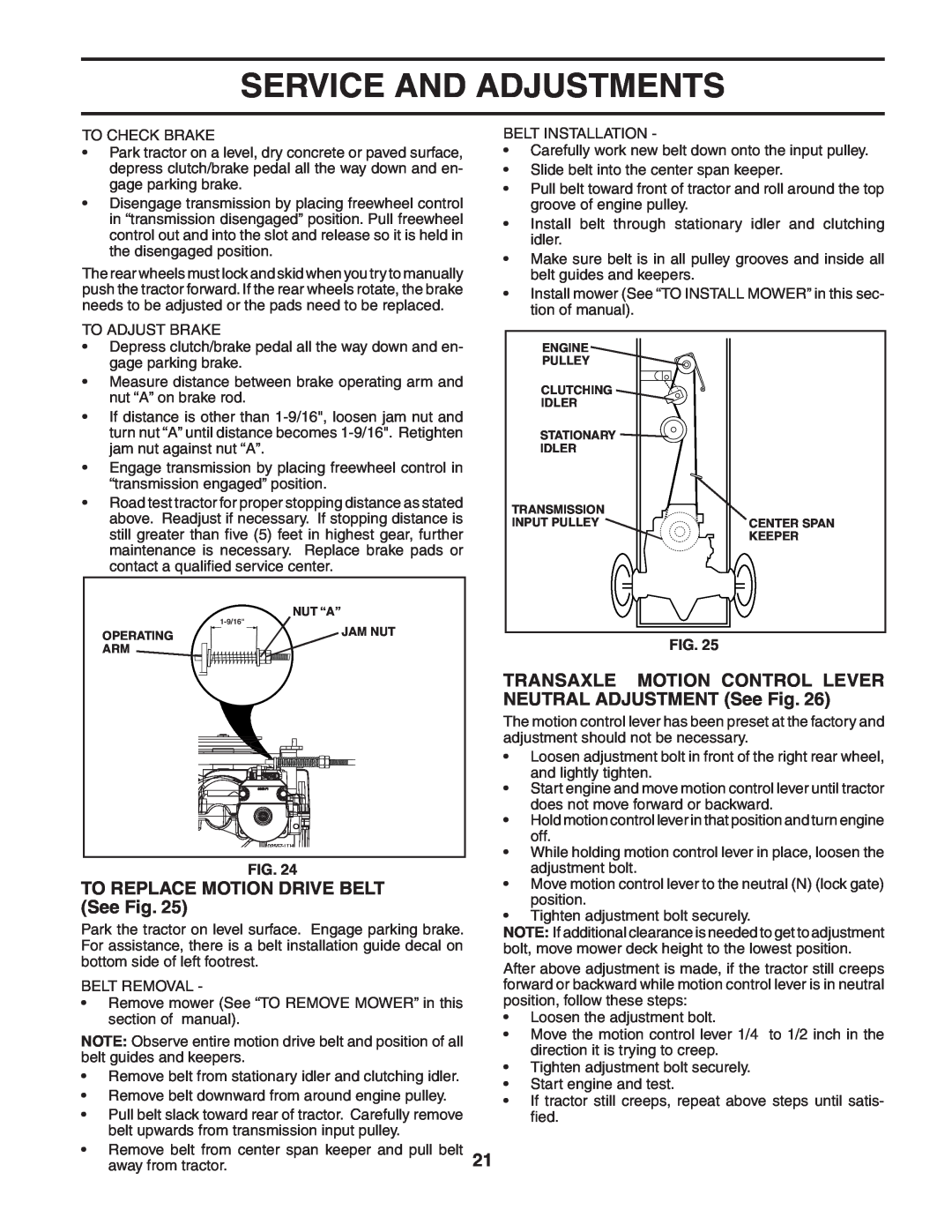 Poulan 190944 owner manual TO REPLACE MOTION DRIVE BELT See Fig, Service And Adjustments 