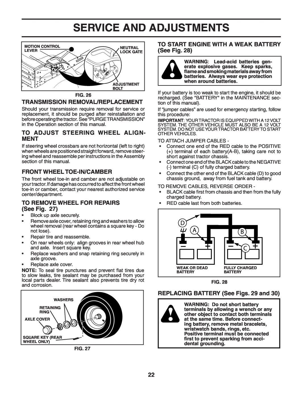 Poulan 190944 Transmission Removal/Replacement, To Adjust Steering Wheel Align- Ment, Front Wheel Toe-In/Camber 