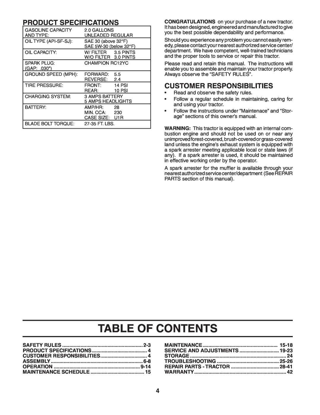 Poulan 190944 owner manual Table Of Contents, Product Specifications, Customer Responsibilities 
