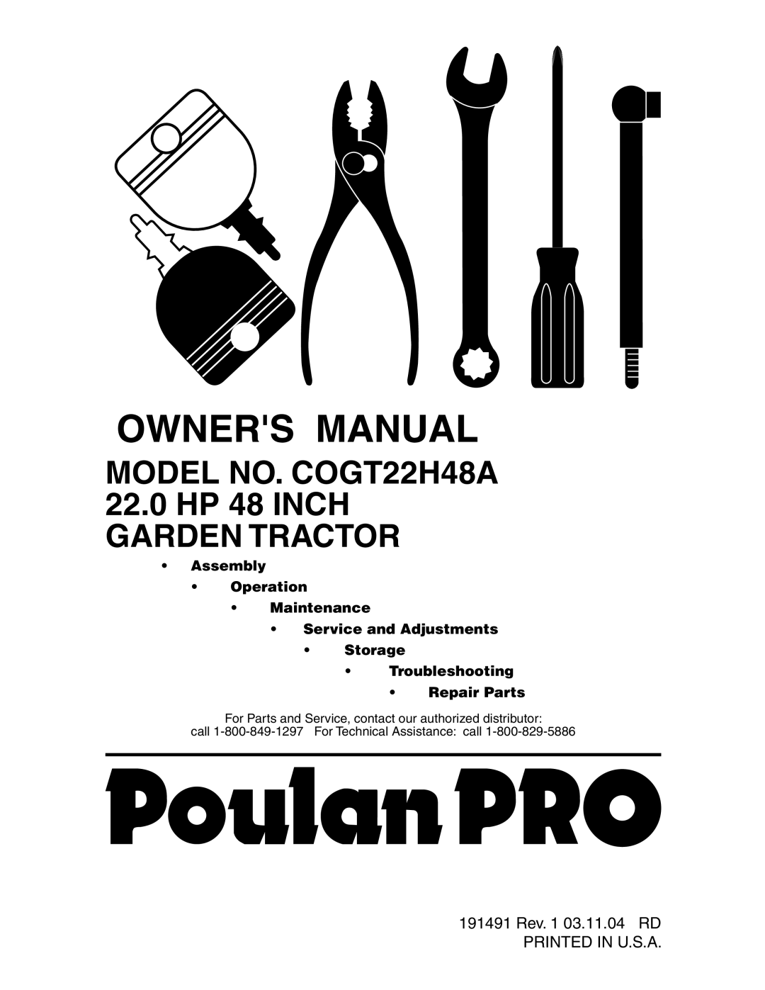 Poulan 191491 manual Model NO. COGT22H48A 