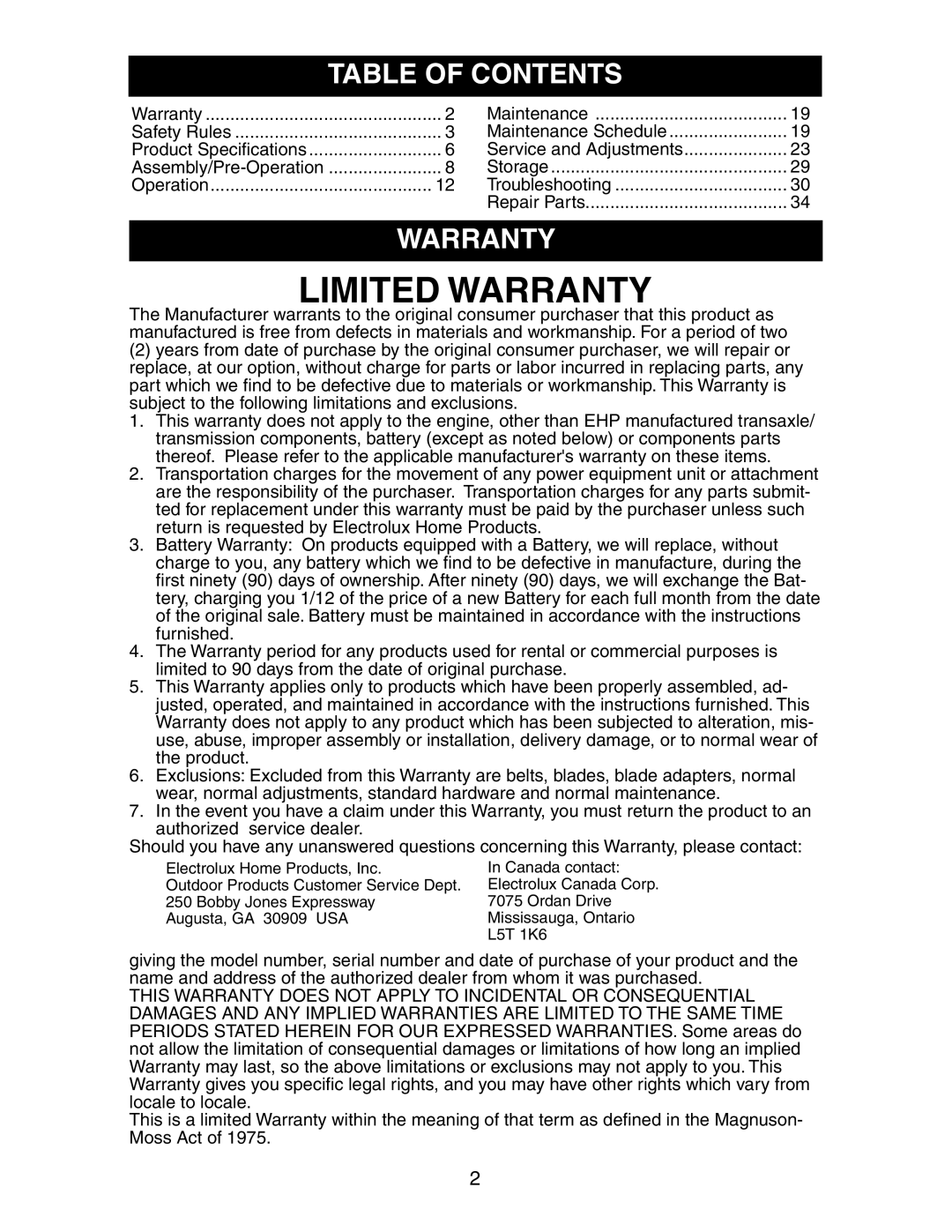 Poulan 191491 manual Table of Contents, Warranty 