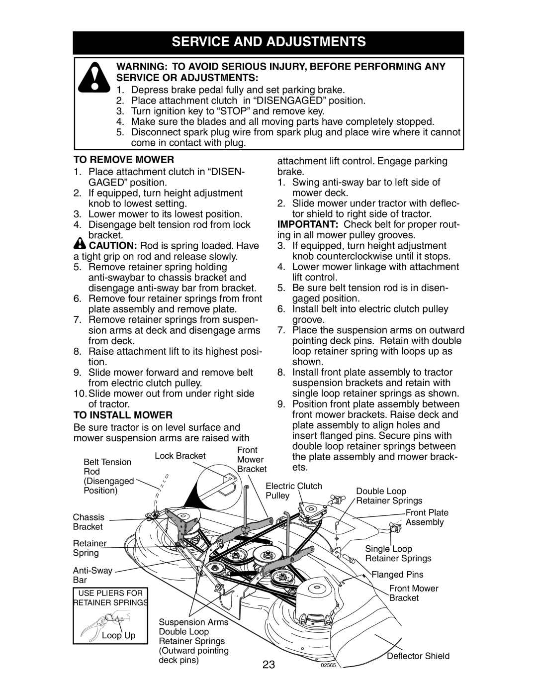 Poulan 191491 manual To Remove Mower, To Install Mower 