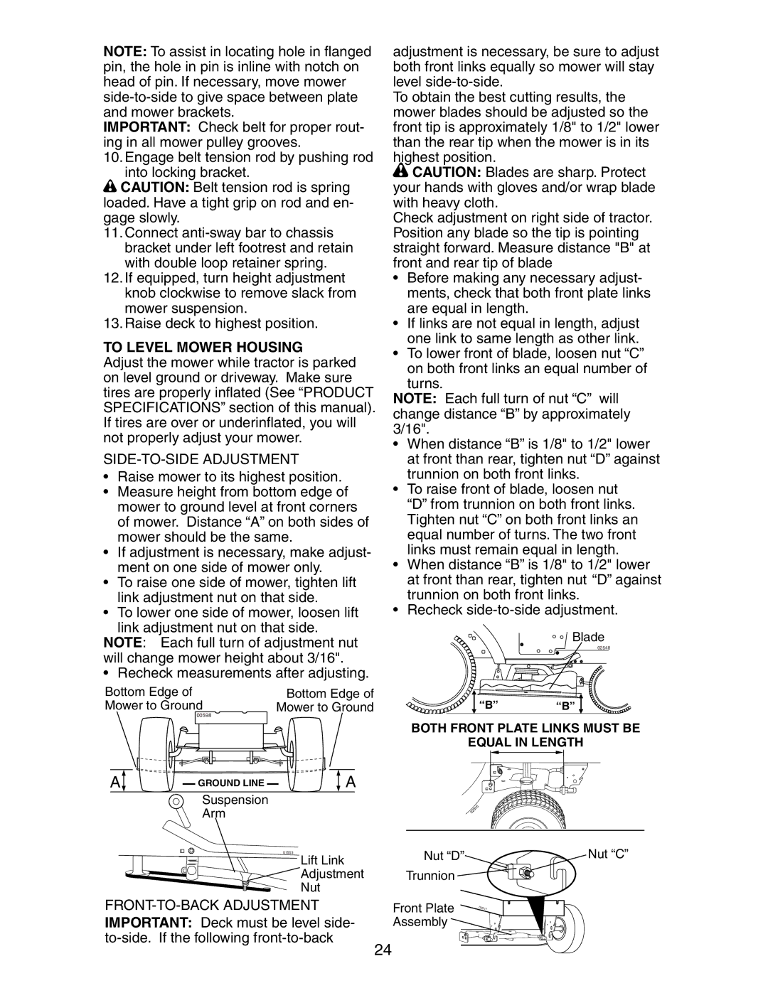 Poulan 191491 manual To Level Mower Housing, SIDE-TO-SIDE Adjustment 