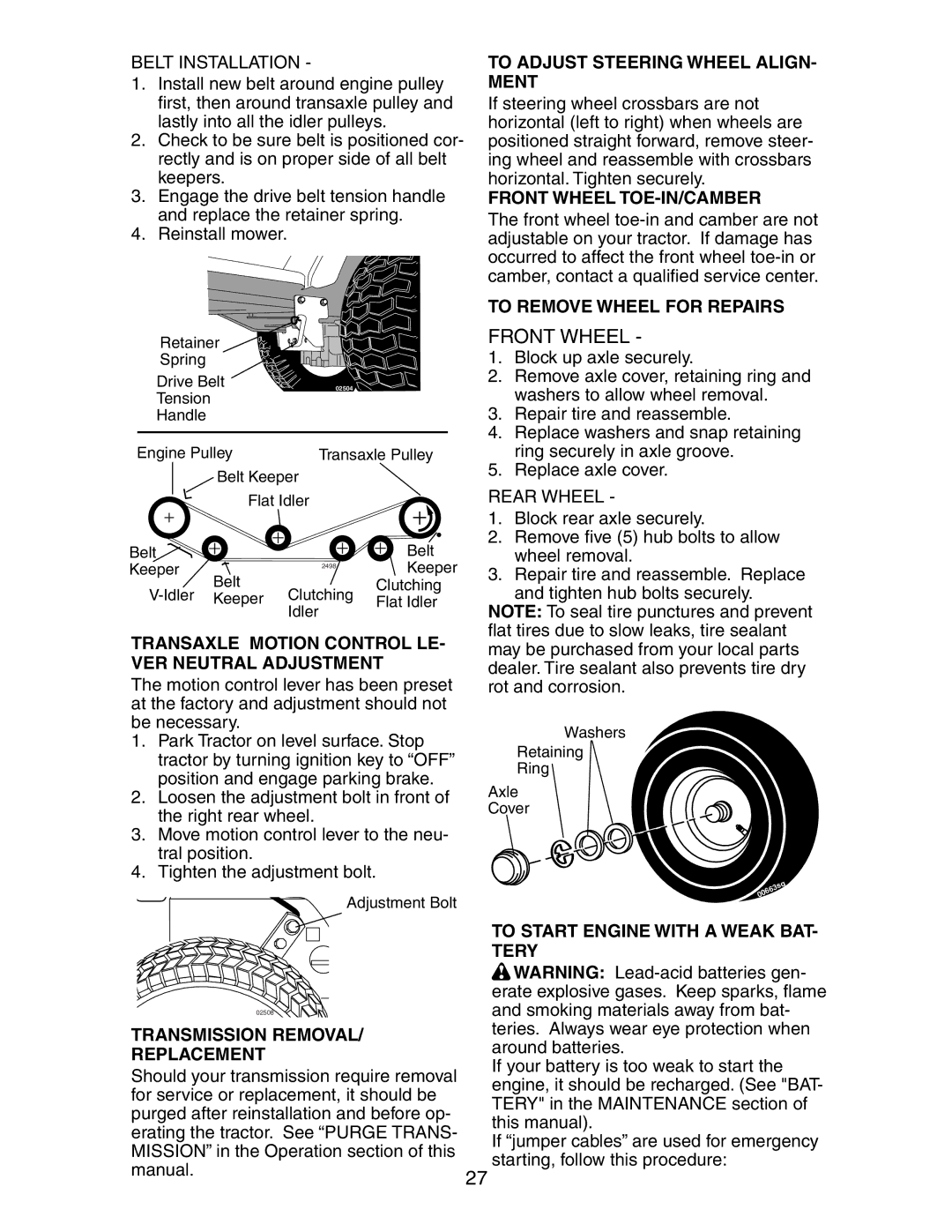 Poulan 191491 manual Transaxle Motion Control LE- VER Neutral Adjustment, To Adjust Steering Wheel ALIGN- Ment 