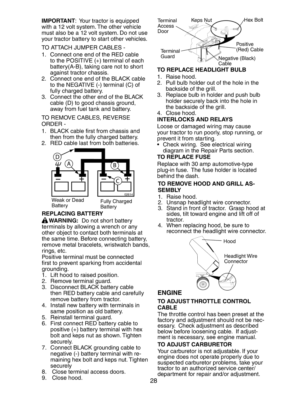 Poulan 191491 manual To Replace Headlight Bulb, Interlocks and Relays, To Replace Fuse, To Remove Hood and Grill AS- Sembly 