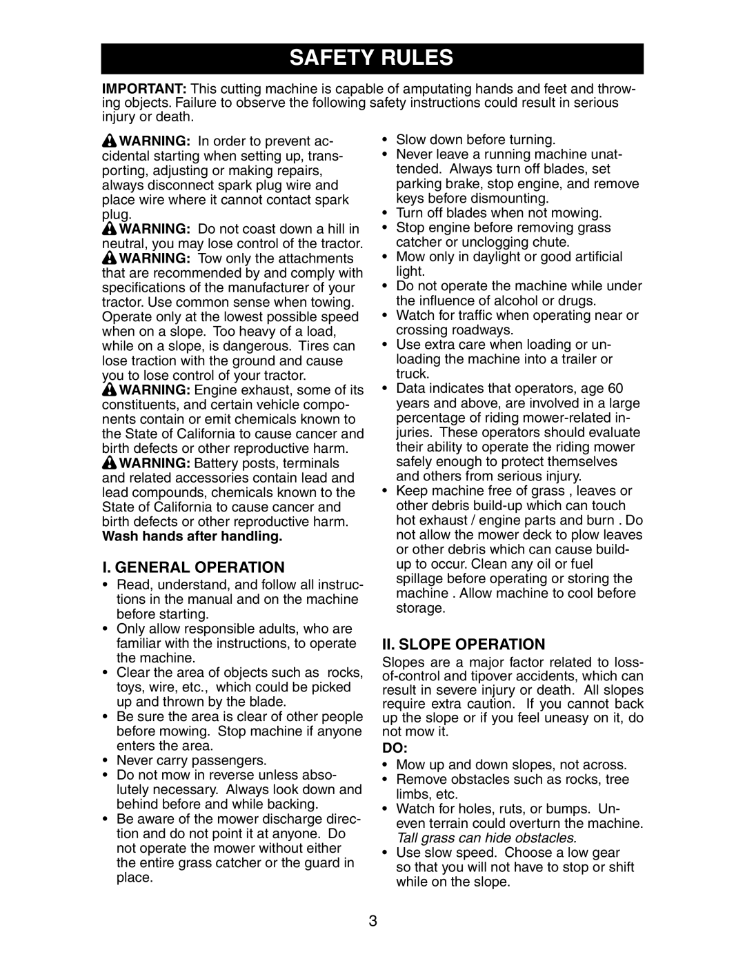 Poulan 191491 manual Safety Rules, General Operation, II. Slope Operation 