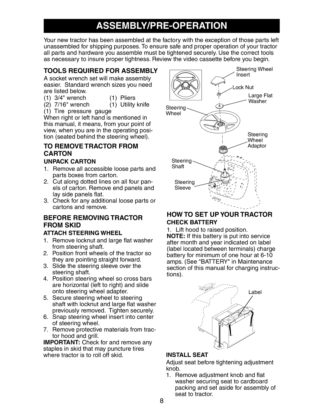 Poulan 191491 manual Assembly/Pre-Operation, Tools Required for Assembly, To Remove Tractor from Carton 