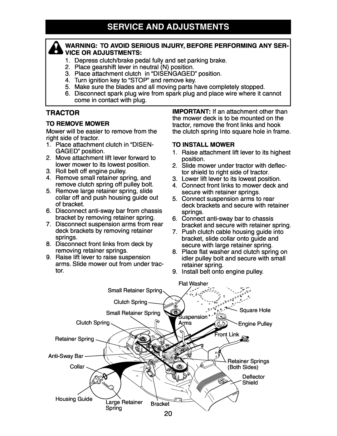 Poulan 191603 manual Service And Adjustments, To Remove Mower, To Install Mower, Tractor 