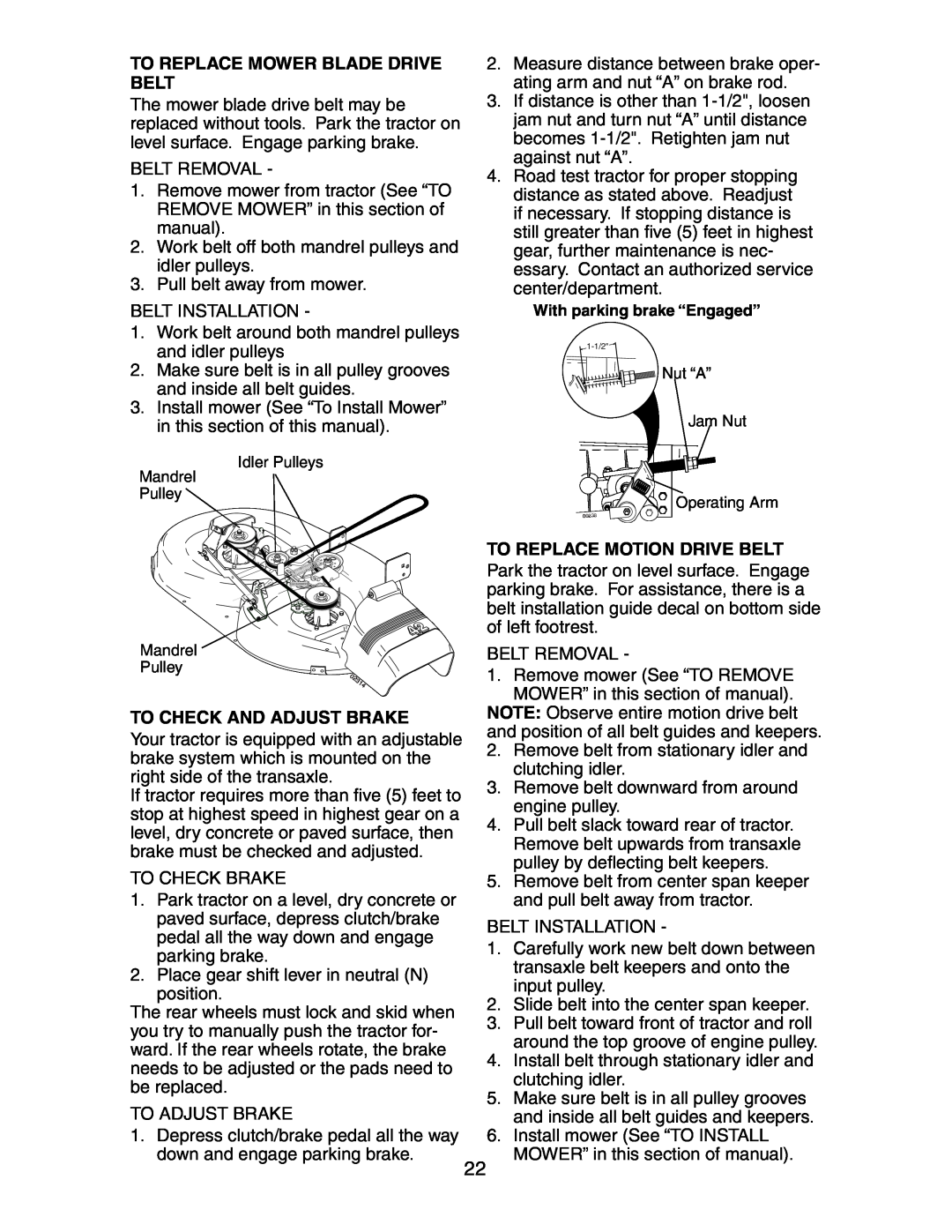 Poulan 191603 manual To Replace Mower Blade Drive Belt, To Check And Adjust Brake, To Replace Motion Drive Belt 