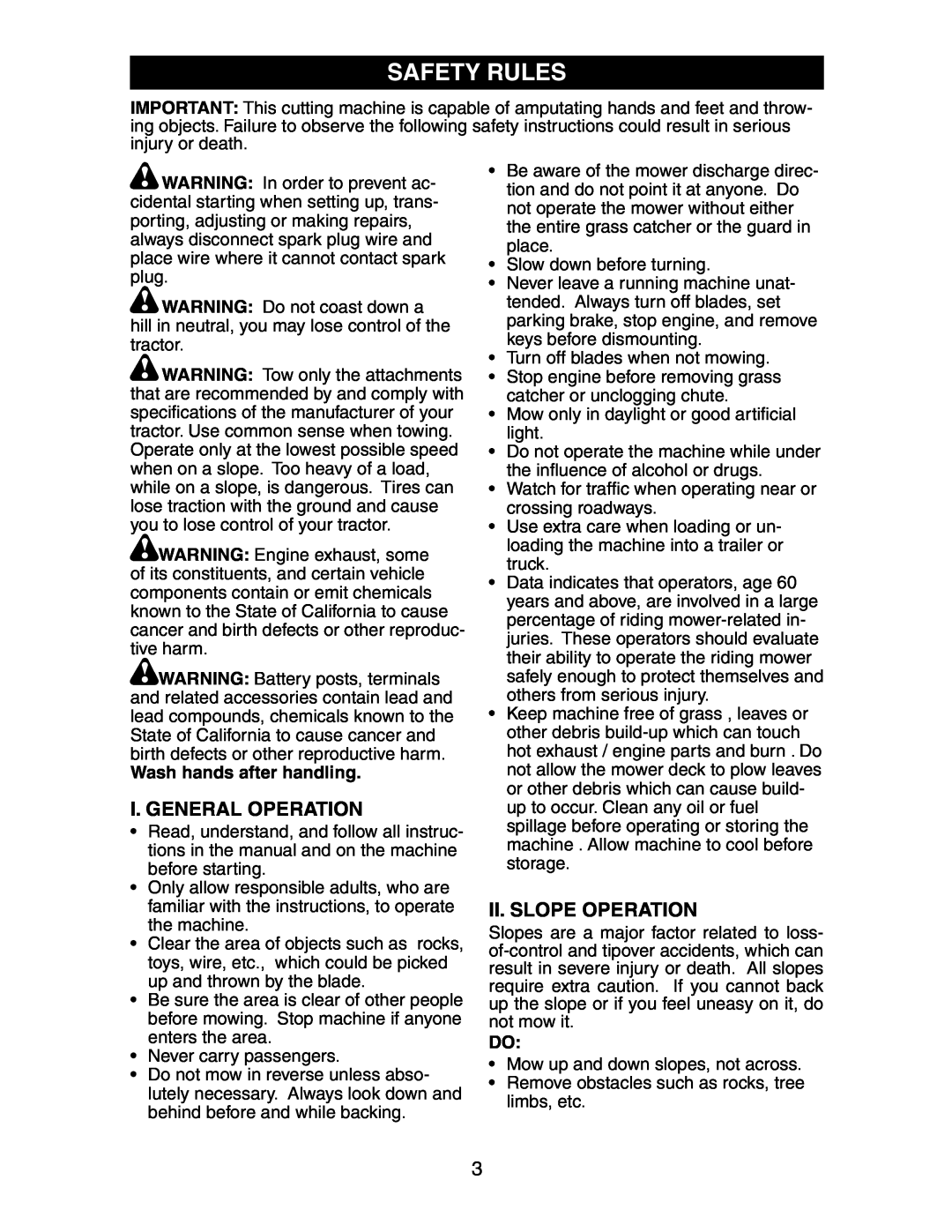 Poulan 191603 manual Safety Rules, I. General Operation, Ii. Slope Operation, Wash hands after handling 
