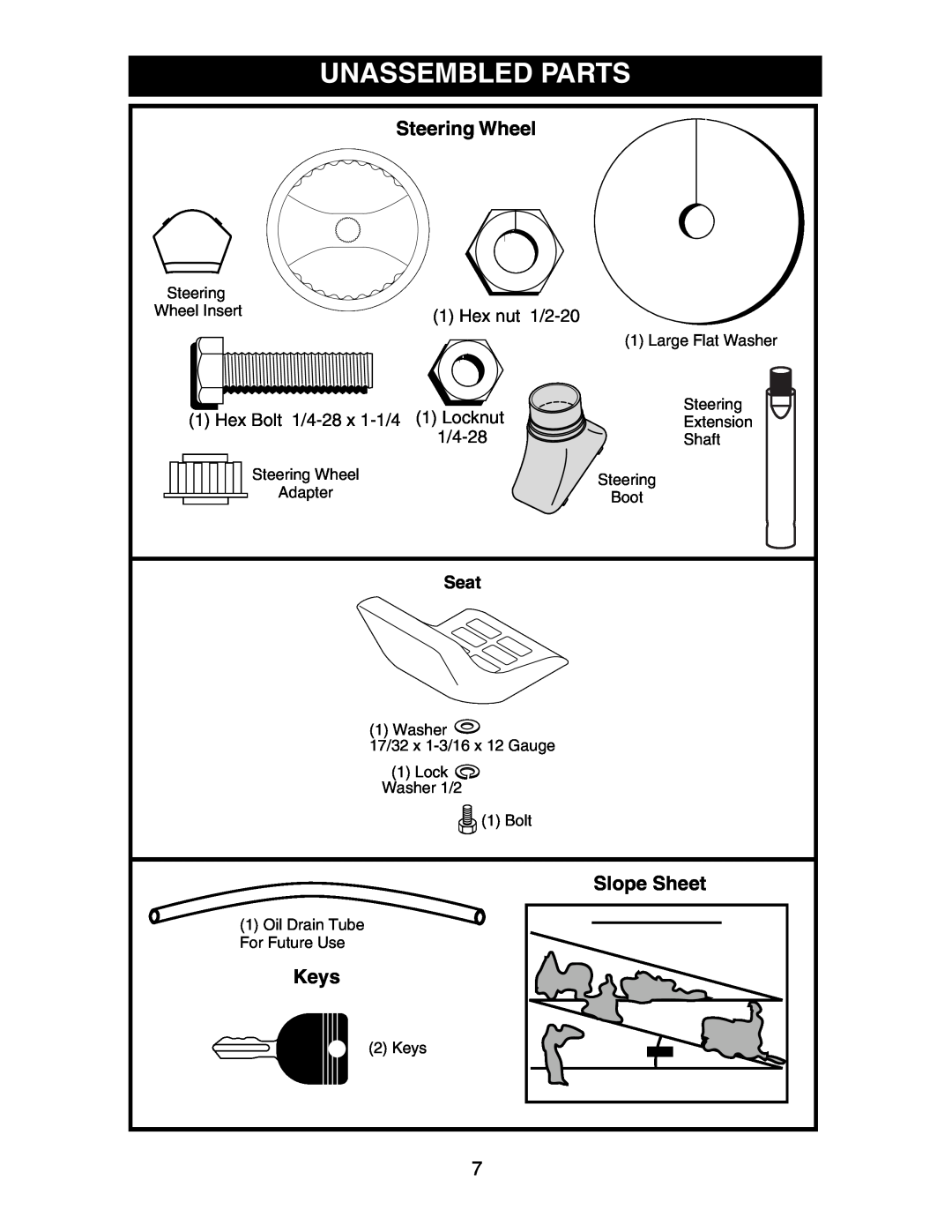 Poulan 191603 manual Unassembled Parts, Steering Wheel, Slope Sheet, Keys, Seat 