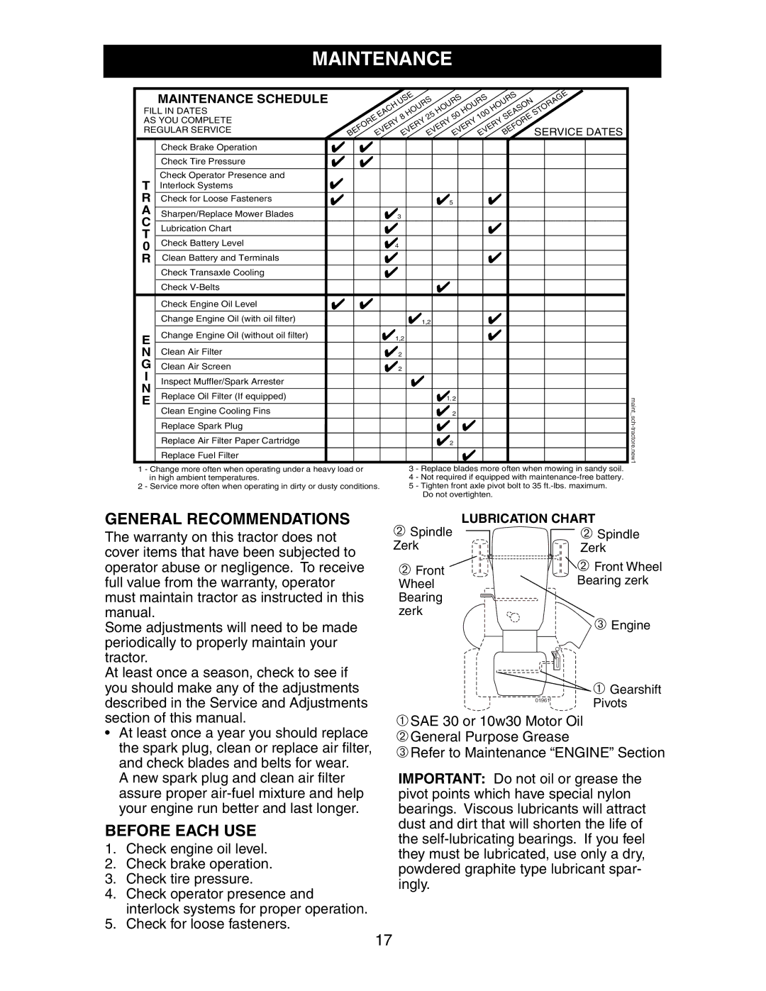 Poulan 191606 manual Maintenance, General Recommendations, Before Each USE 