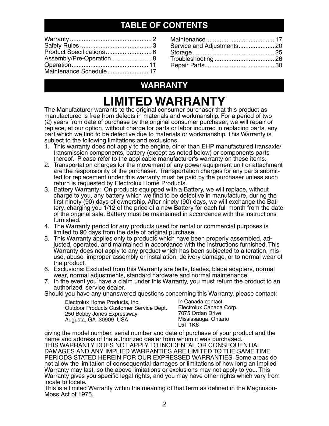 Poulan 191606 manual Table of Contents, Warranty 