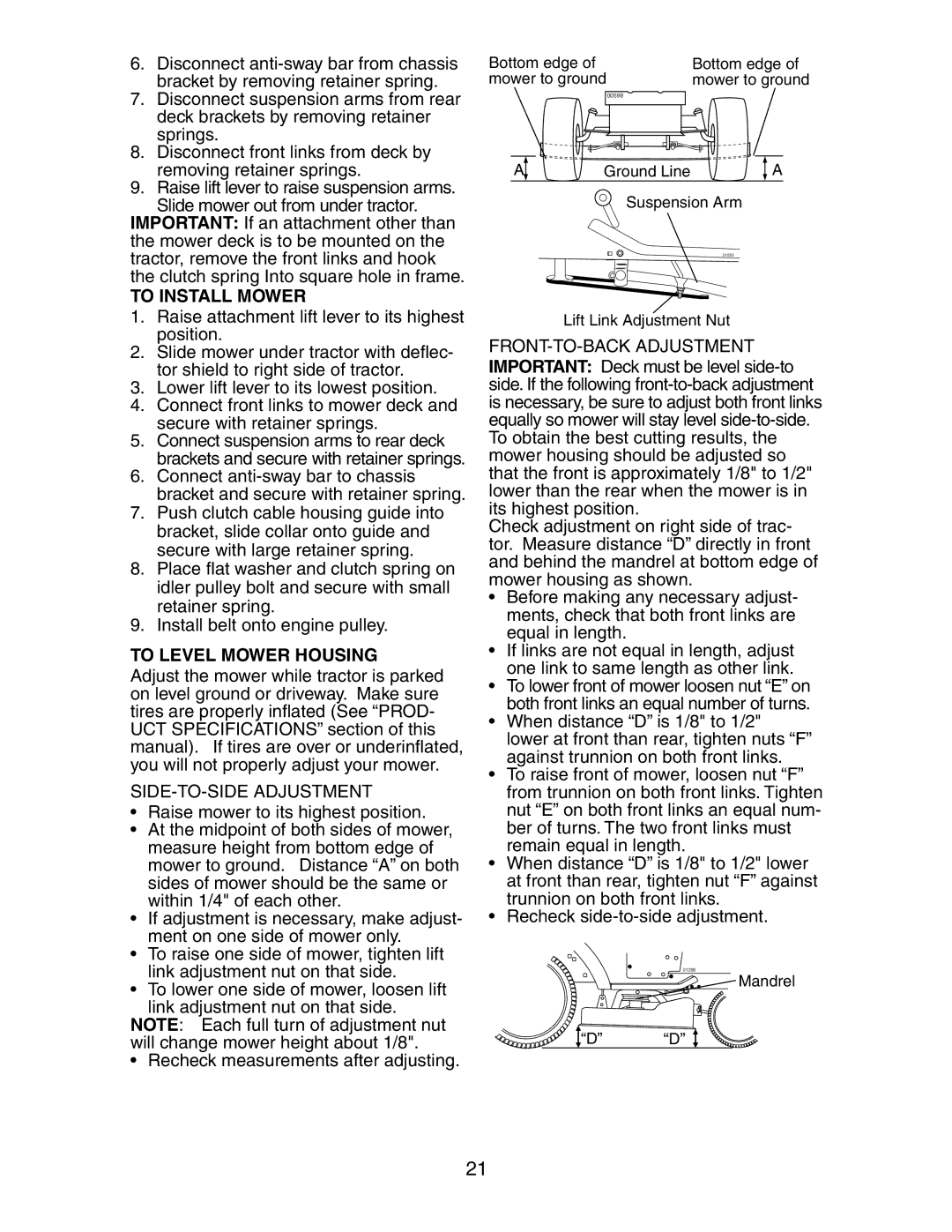 Poulan 191606 manual To Install Mower, To Level Mower Housing, SIDE-TO-SIDE Adjustment, FRONT-TO-BACK Adjustment 