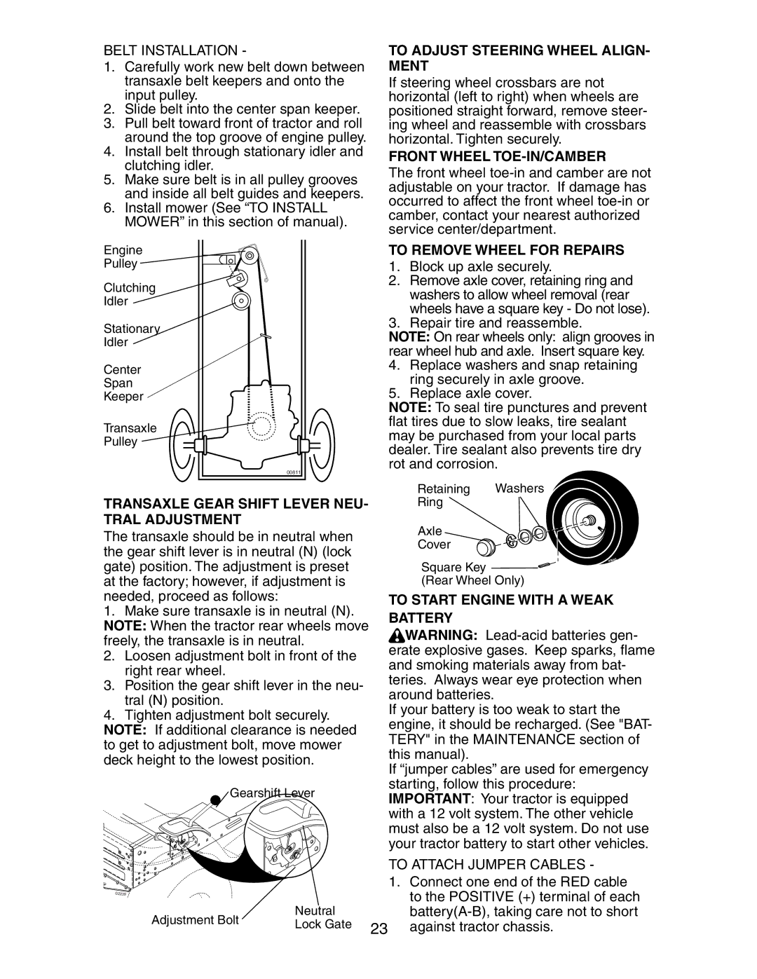 Poulan 191606 manual To Adjust Steering Wheel ALIGN- Ment, Front Wheel TOE-IN/CAMBER, To Remove Wheel for Repairs 