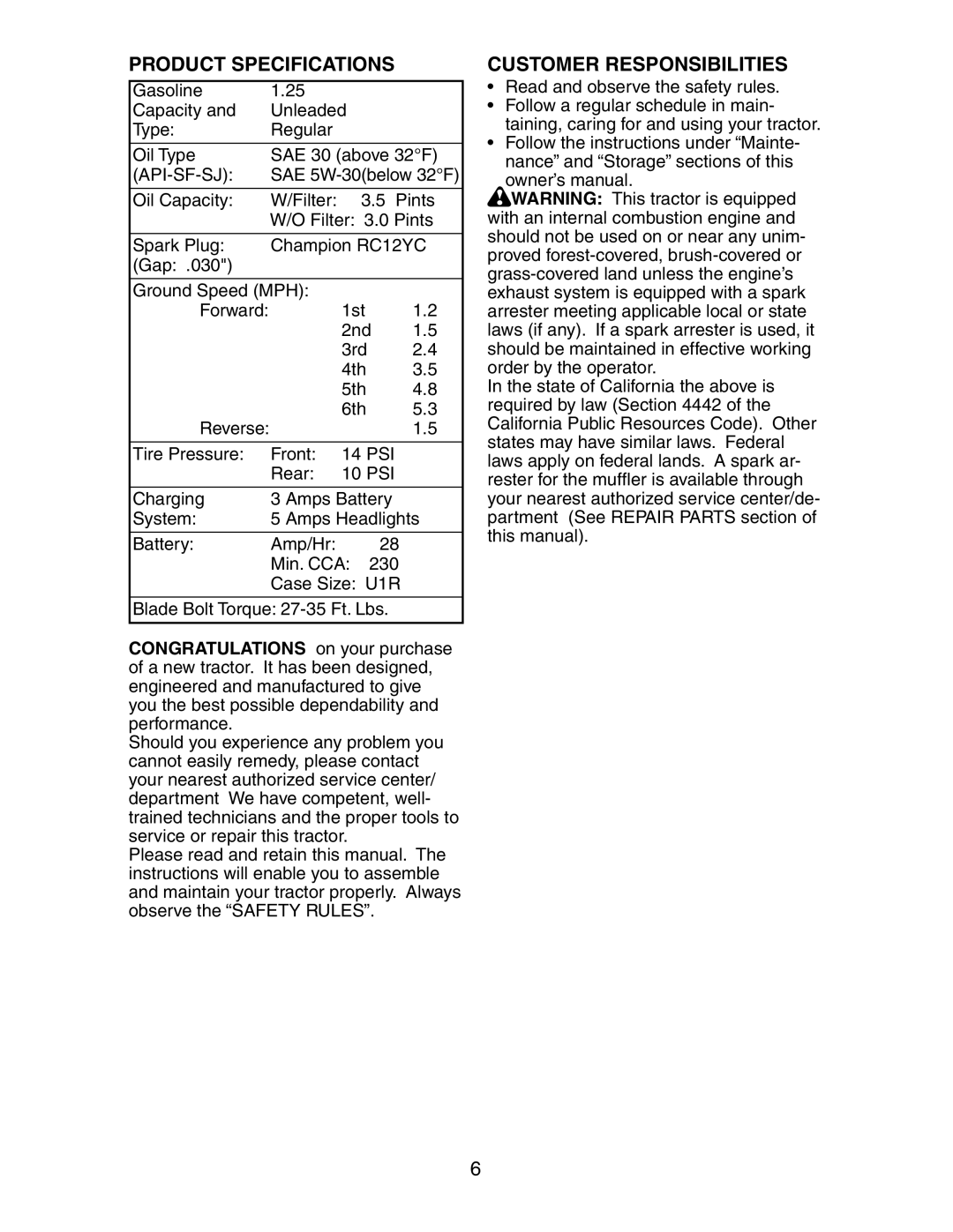 Poulan 191606 manual Product Specifications, Customer Responsibilities, Api-Sf-Sj 