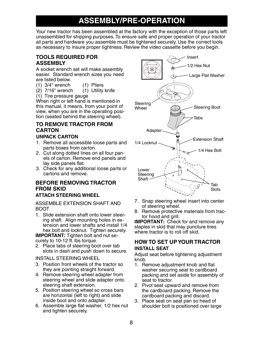 Poulan 191606 manual Tools Required for Assembly, To Remove Tractor from Carton, Before Removing Tractor from Skid 