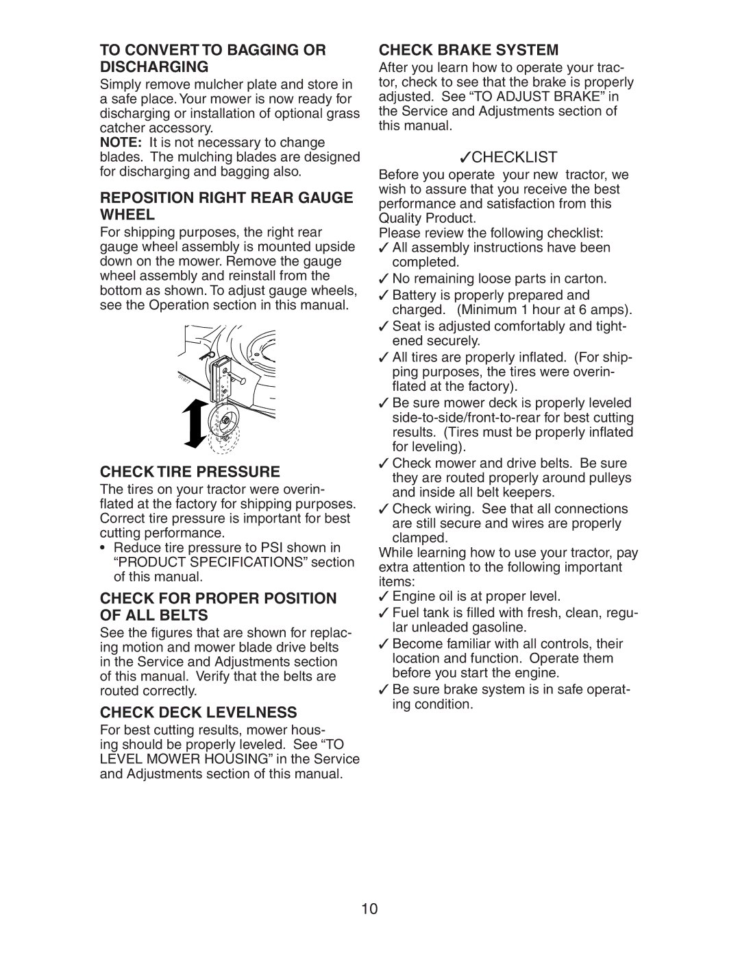 Poulan 191616 manual To Convert to Bagging or Discharging, Reposition Right Rear Gauge Wheel, Check Tire Pressure 