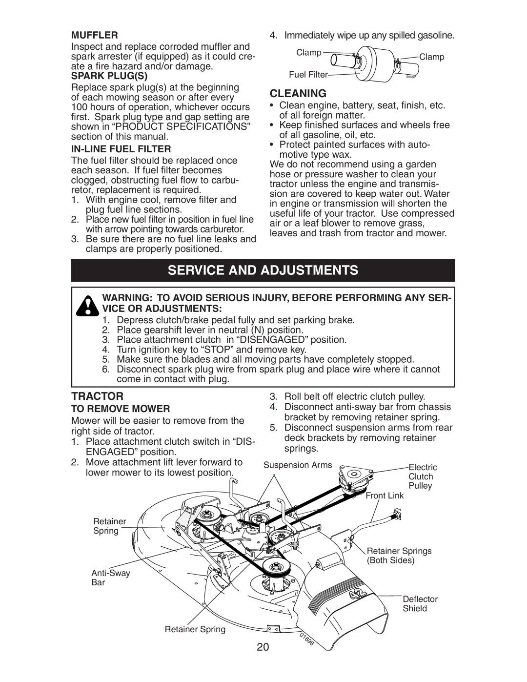 Poulan 191616 manual Service and Adjustments, Cleaning 