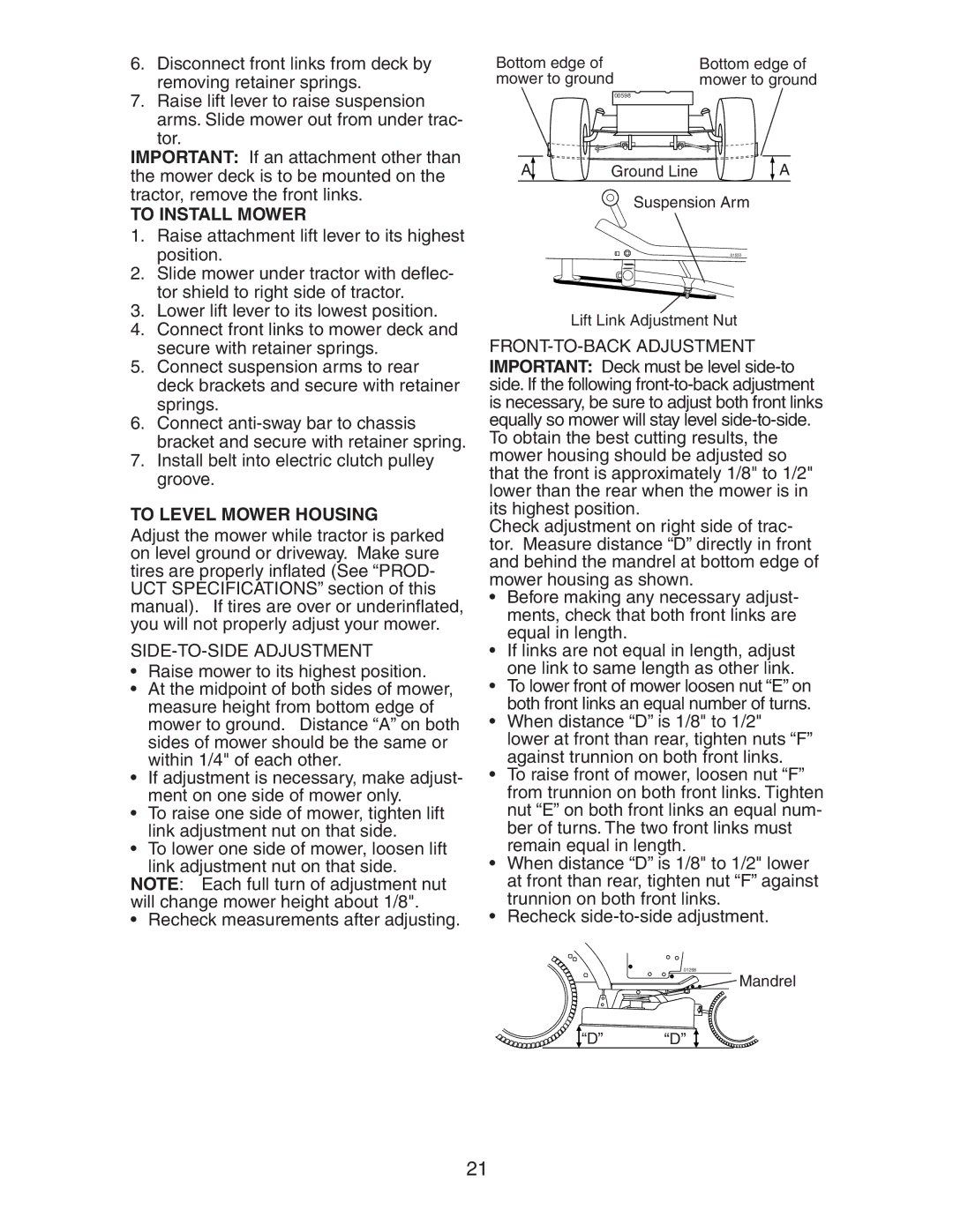 Poulan 191616 manual To Install Mower, To Level Mower Housing, SIDE-TO-SIDE Adjustment, FRONT-TO-BACK Adjustment 