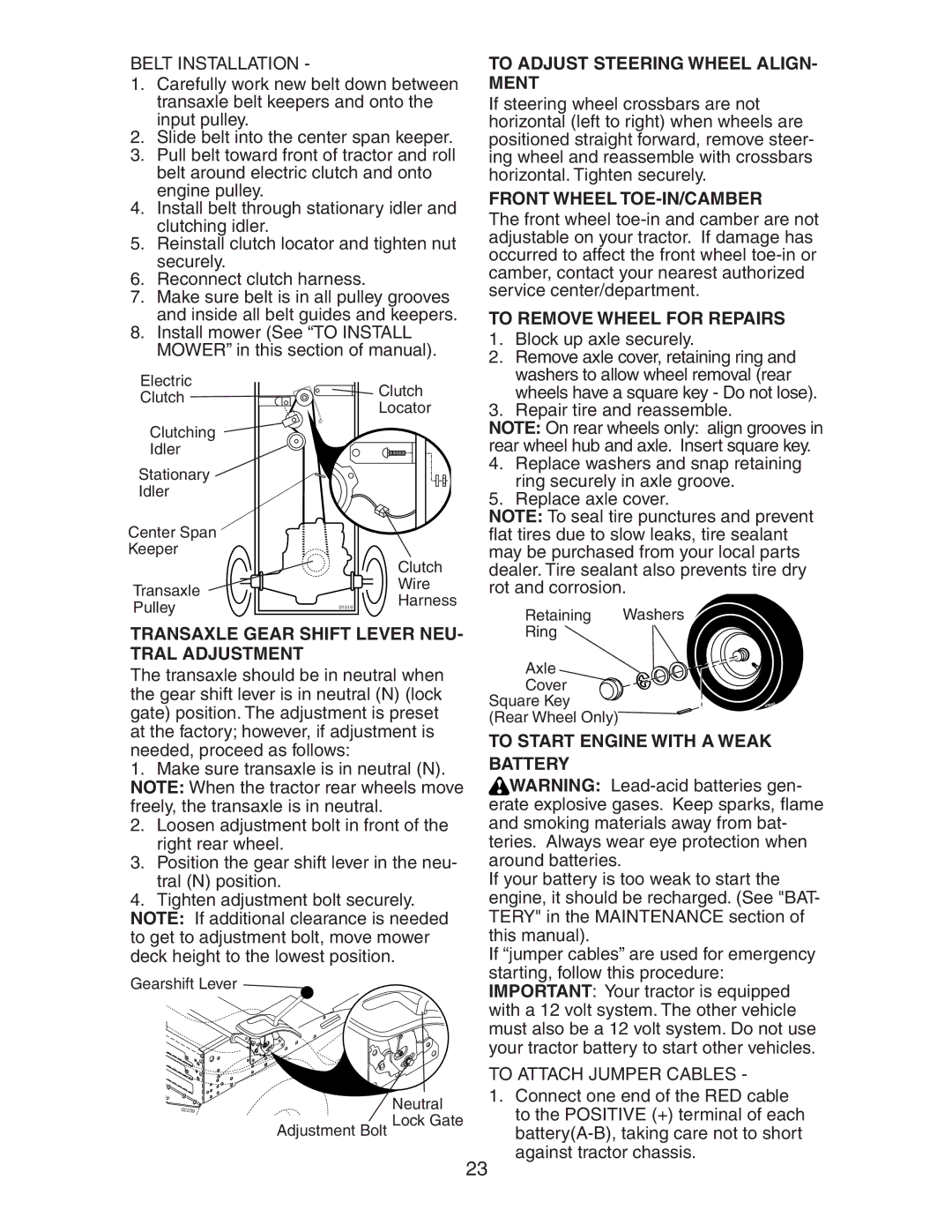 Poulan 191616 manual To Adjust Steering Wheel ALIGN- Ment, Front Wheel TOE-IN/CAMBER, To Remove Wheel for Repairs 