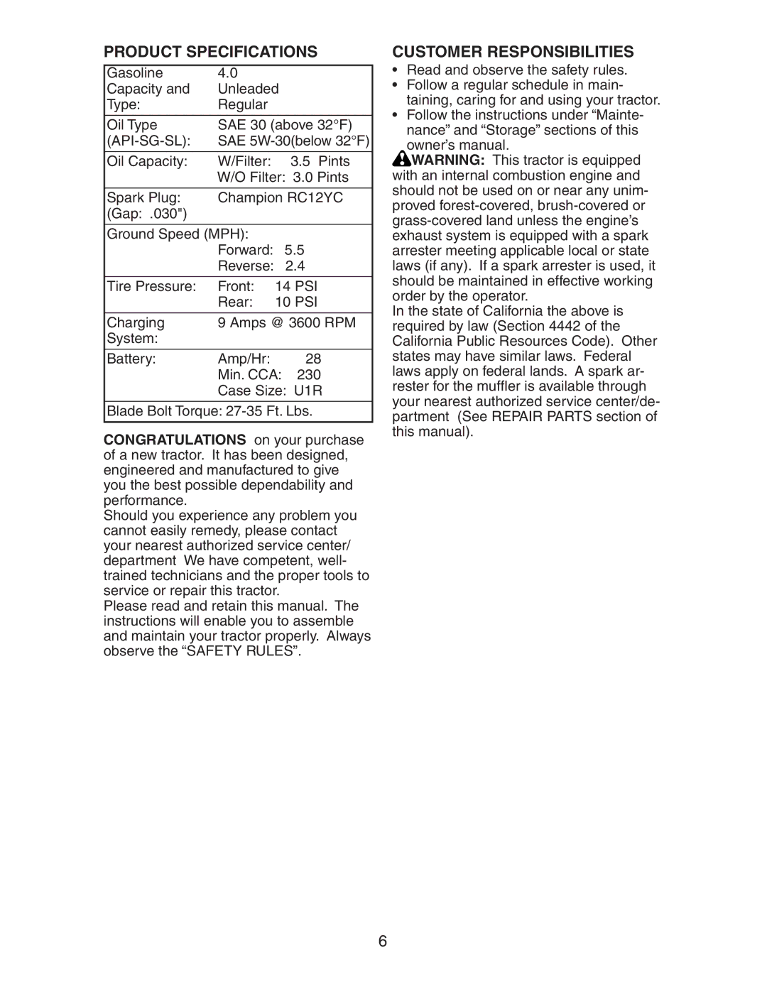 Poulan 191641 manual Product Specifications, Customer Responsibilities, Api-Sg-Sl 