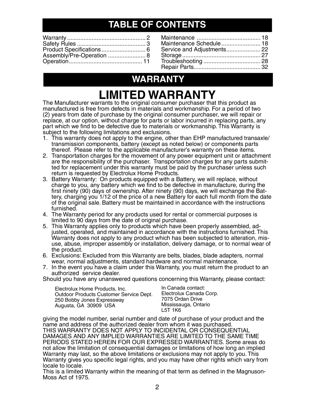 Poulan 191663 manual Table of Contents, Warranty 