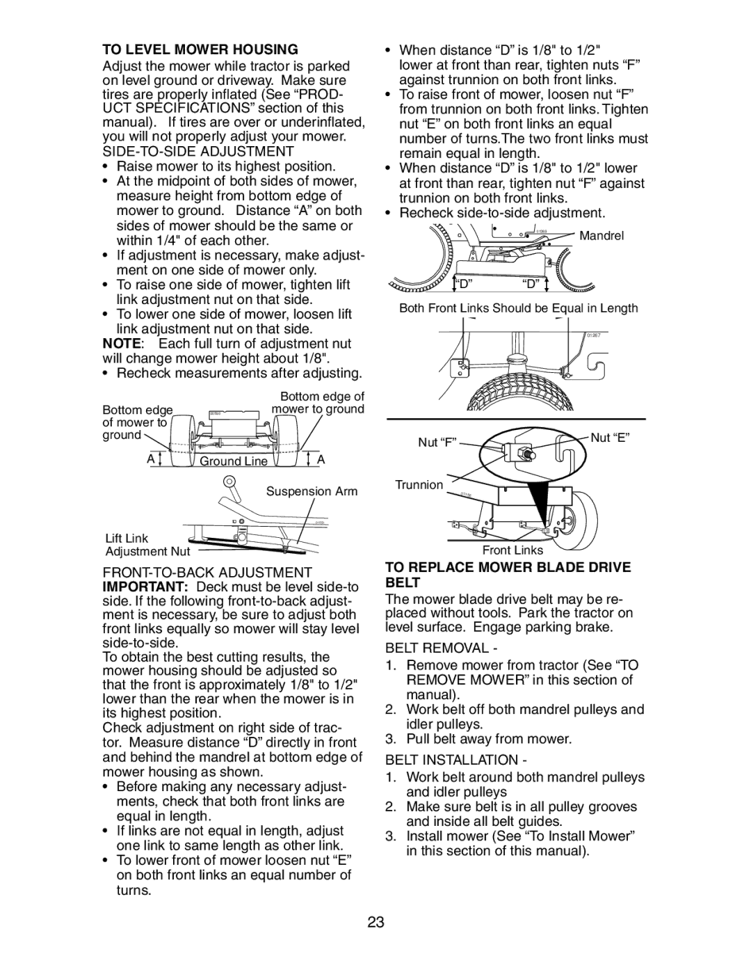 Poulan 191663 manual To Level Mower Housing, SIDE-TO-SIDE Adjustment, To Replace Mower Blade Drive Belt, Belt Removal 